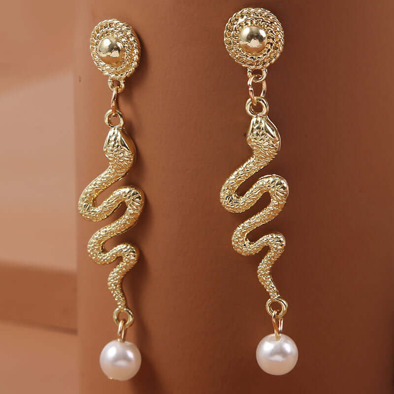 Elegant Gold Snake Pearl Drop Earrings for Women - Vintage Dangle Jewelry Gift E006 | Perfect for Parties, Weddings & Evening Events