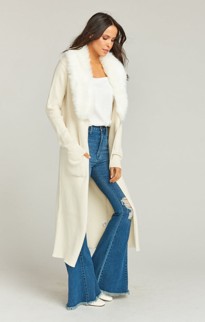 Lombardi Long Cardigan - Snowy White Knit Sweater for Women | Cozy Winter Fashion, Casual Outfit & Layering Essential