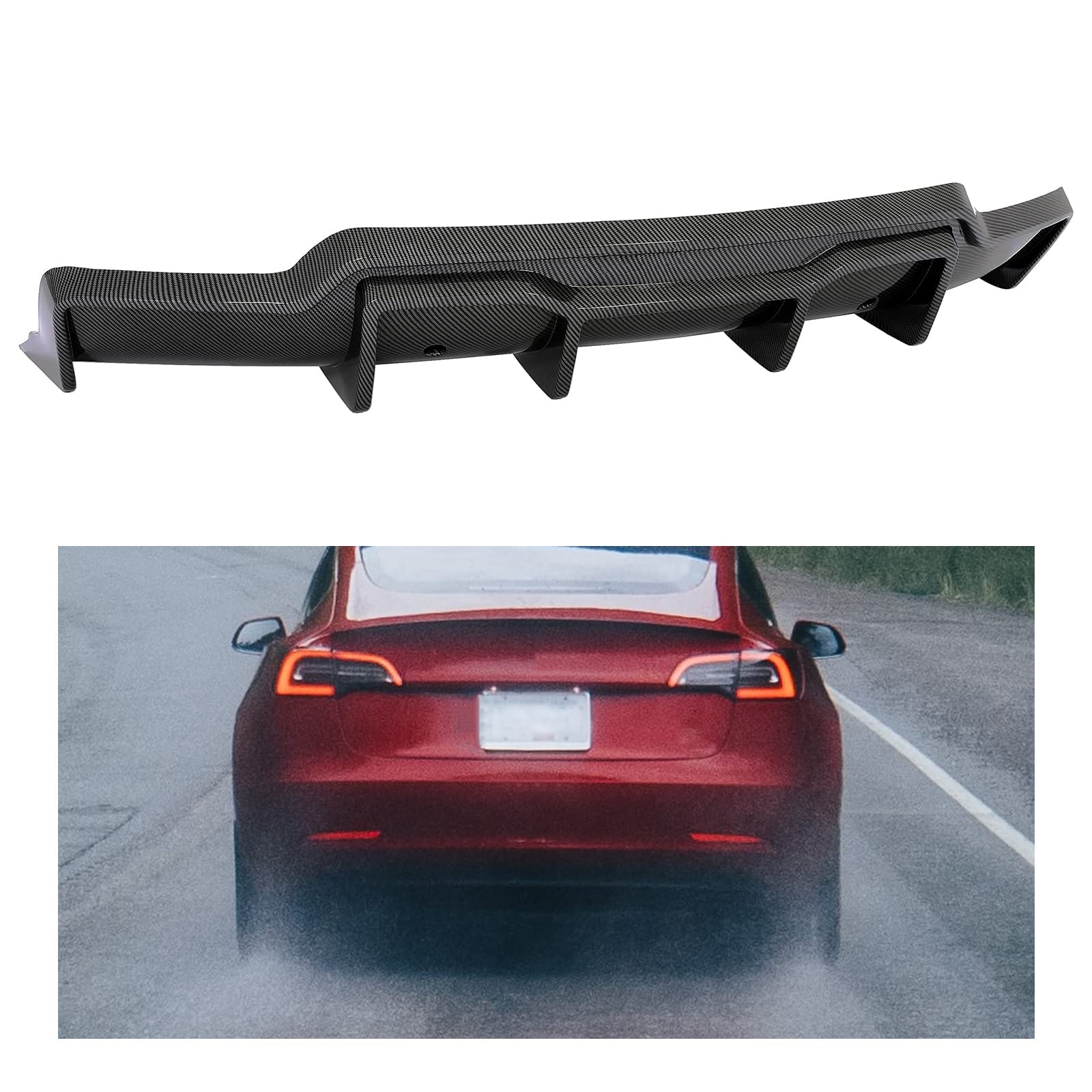 KUAFU Rear Bumper Diffuser for 2017-2023 Tesla Model 3 Sedan - V Style Carbon Fiber Lower Bumper Lip Spoiler & Valance Protector Body Kit | Enhances Aerodynamics & Sporty Look for Street Racing & Car Shows