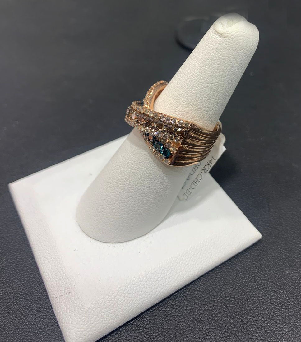 14K Rose Gold Brown, Blue & White Diamond Ring for Women – Elegant Stackable Band for Engagement, Wedding, Anniversary & Everyday Wear