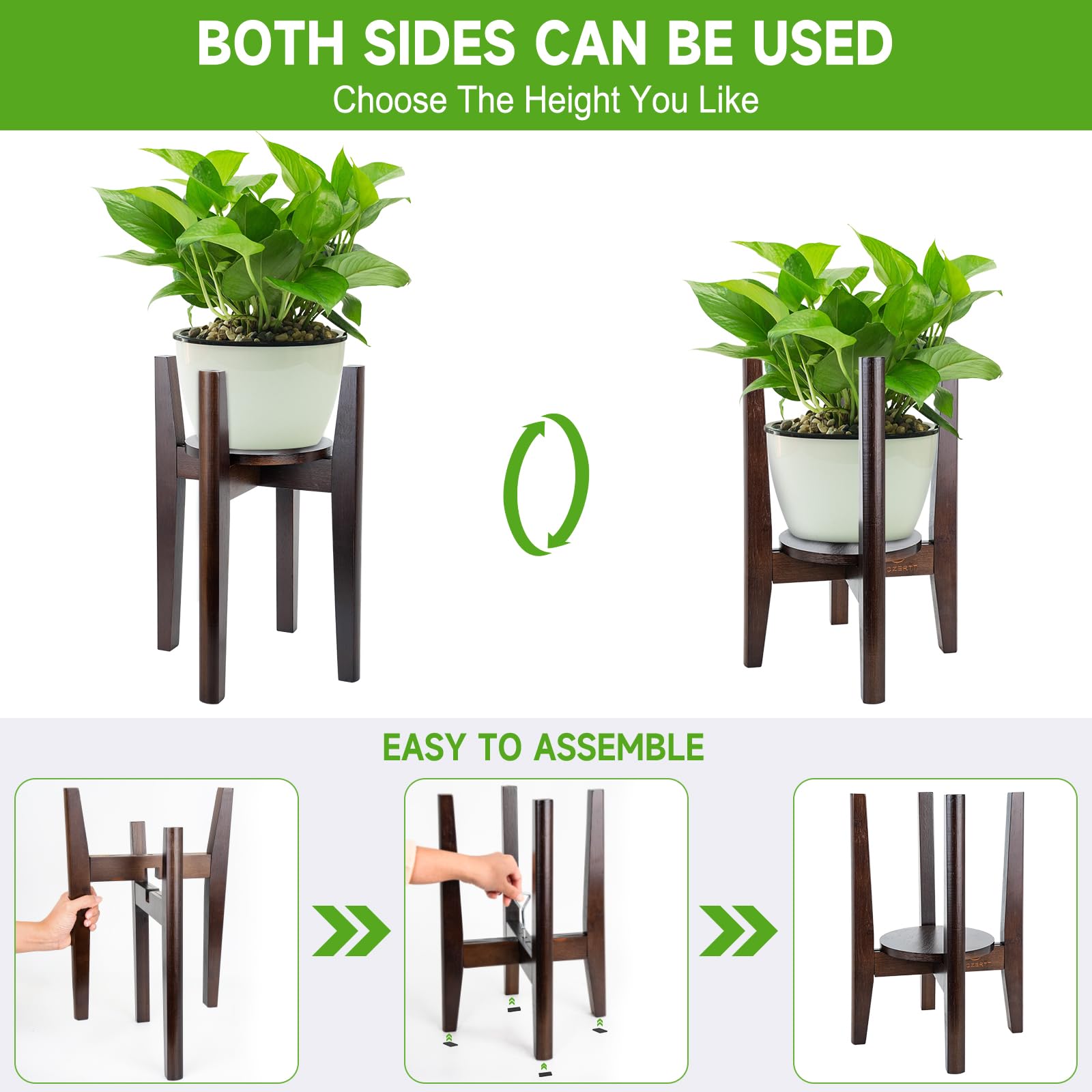 Adjustable Wooden Plant Stand with Tray - Mid Century Modern Indoor Flower Pot Holder for 8