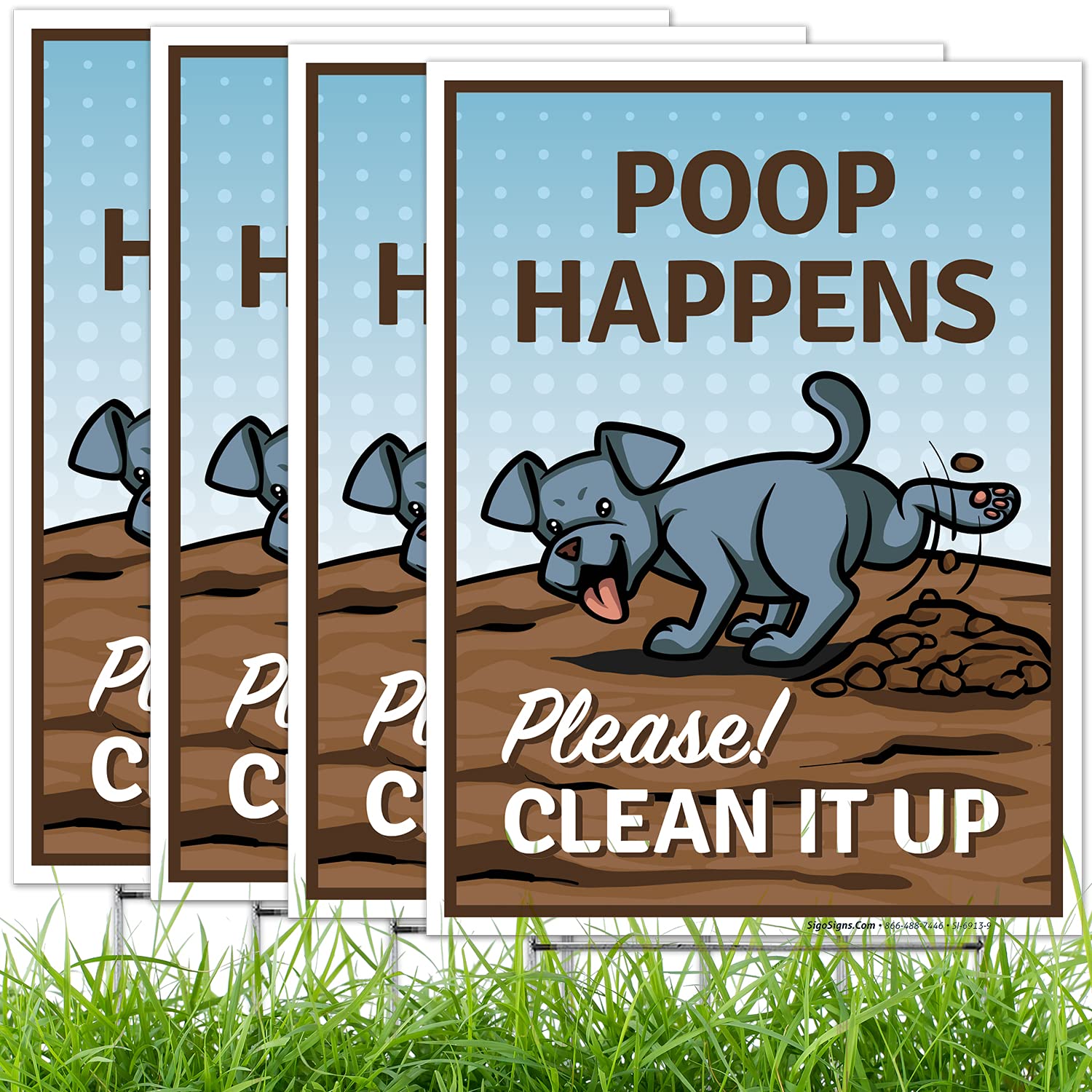 Poop Happens Please Clean It Up Sign - 4 Pack Double Sided 12x18 Inch Corrugated Plastic Yard Signs with Metal H Stakes - Made in USA - Perfect for Dog Parks, Backyards & Pet Waste Stations