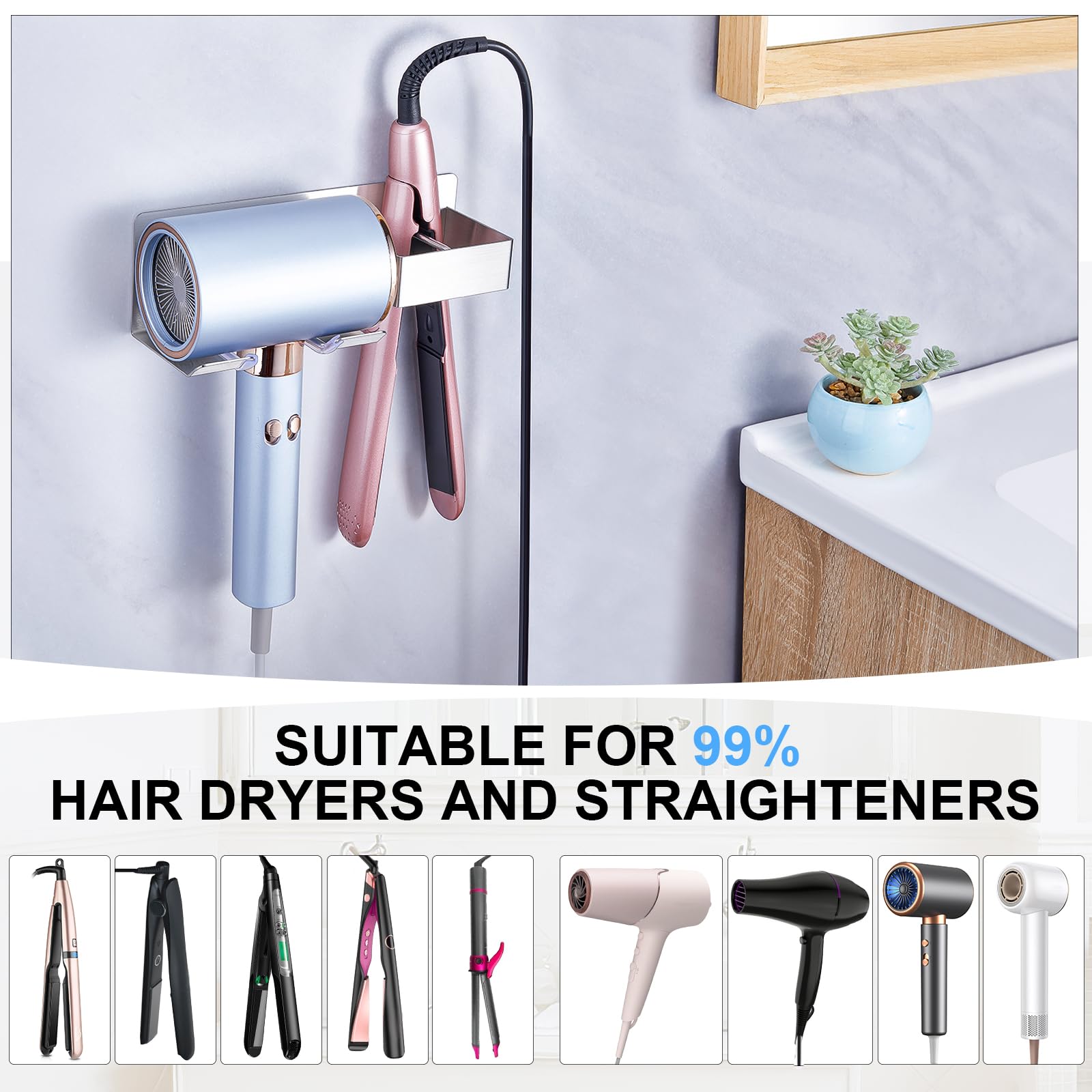 Wall Mounted Hair Straightener & Blow Dryer Holder - Stainless Steel Adhesive Organizer for Curling Irons & Hair Tools | Perfect for Bathroom Storage & Vanity Organization