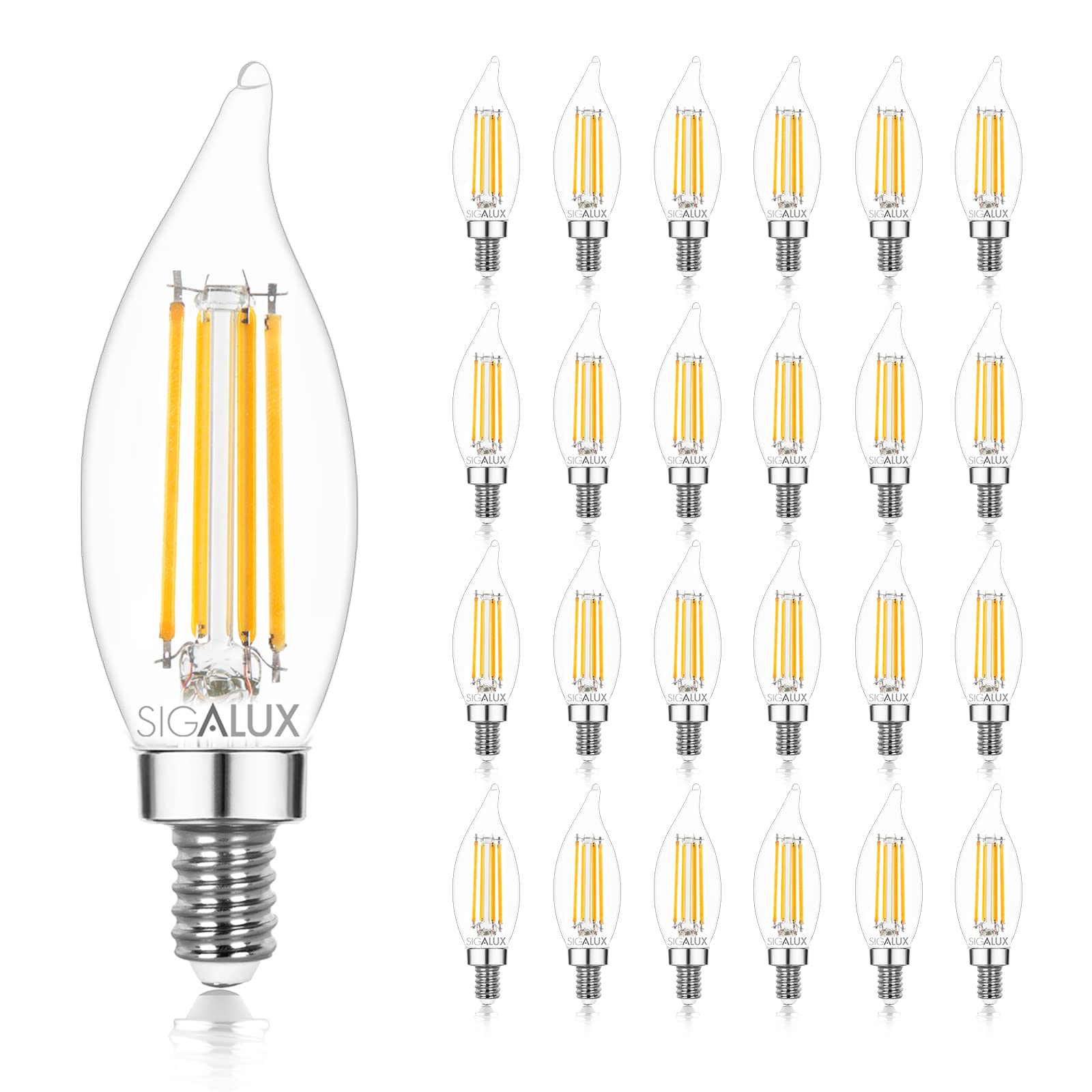 Sigalux E12 Candelabra LED Bulbs 60W Equivalent, 24 Pack Dimmable CA10 Flame Tip 2700K Soft White Light Bulbs for Chandeliers, Ceiling Fans, Pendant Lights & Wall Sconces - Perfect for Dining Room, Bedroom & Vintage Decor Lighting