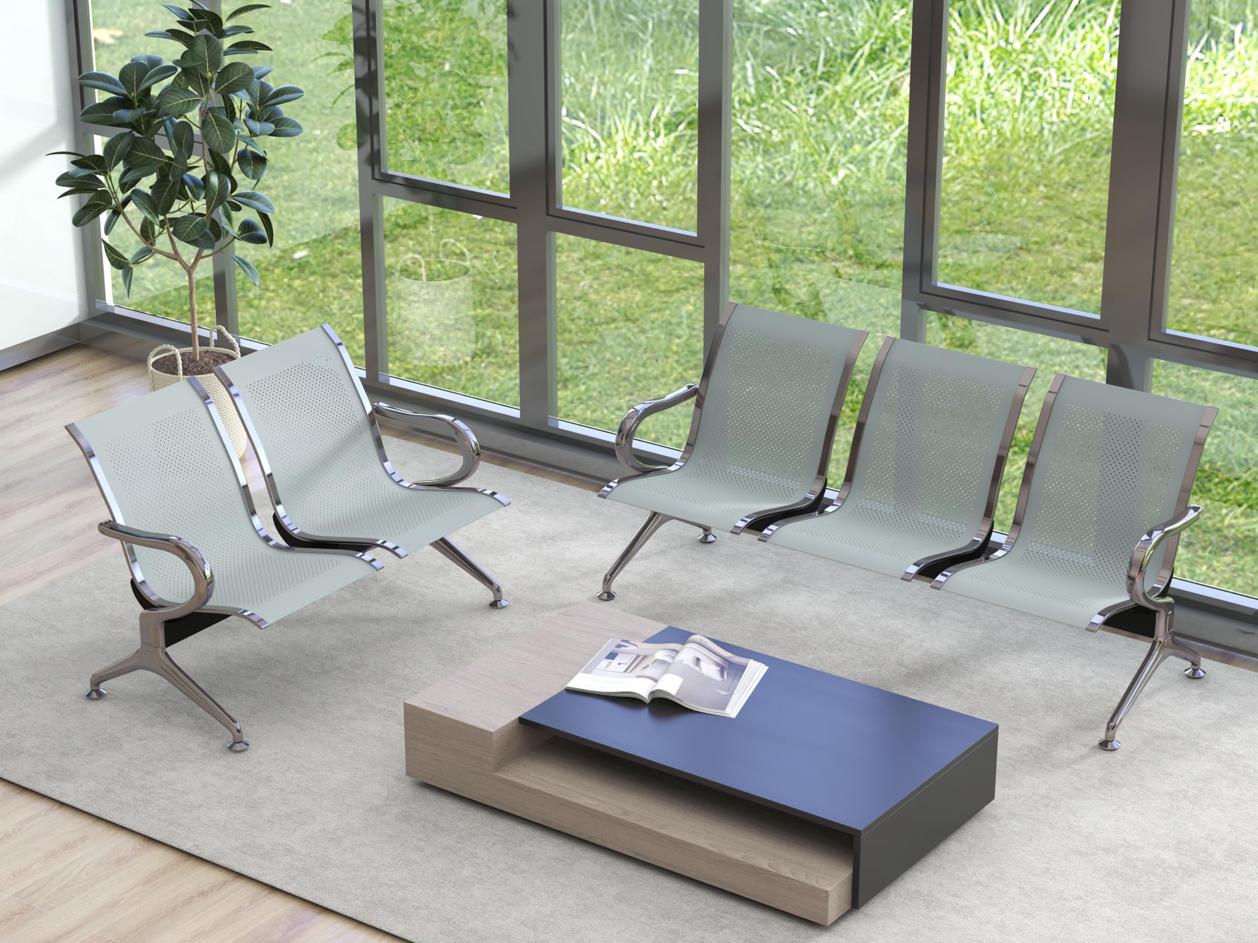 Kinsuite 5-Seat Metal Reception Bench with Arms - Silver Waiting Room Chairs for Airport, Office, Hospital, Bank & Lobby | Durable Commercial Seating for High-Traffic Areas