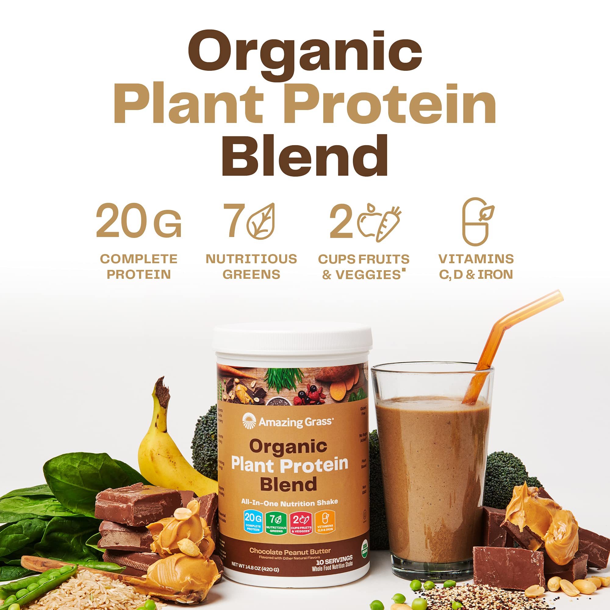 Amazing Grass Organic Plant Protein Powder - Vegan Superfood Blend with Beet Root, Chocolate Peanut Butter Flavor (18 Servings) | Post-Workout Recovery & Daily Nutrition Shake for Active Lifestyles