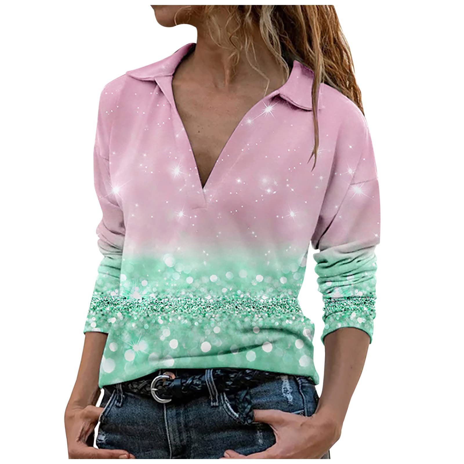 Women's Long Sleeve V-Neck Collared Blouse - Colorful Printed Office & Casual Shirt | Trendy 2023 Workwear for Business, Date Night & Everyday Style