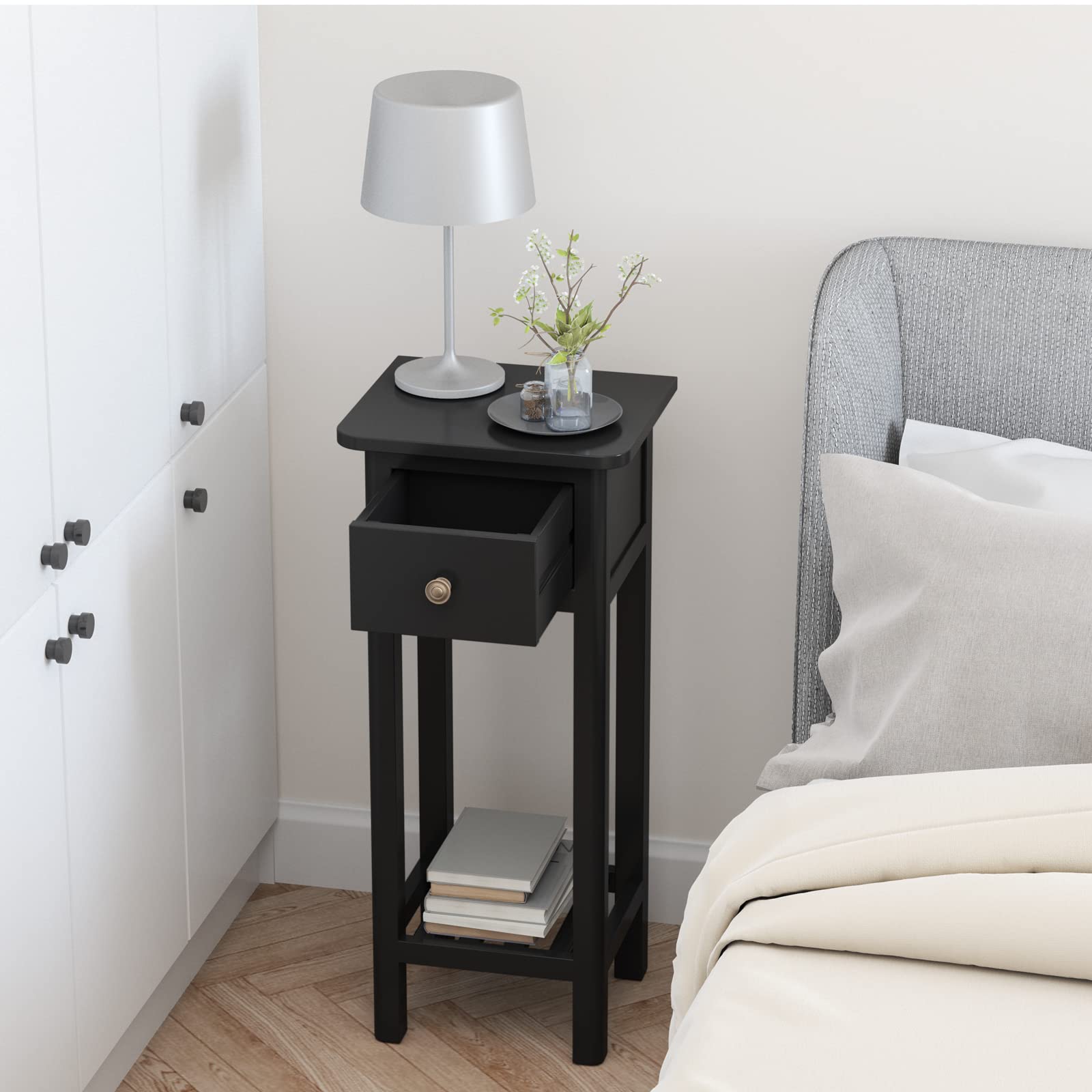 Giantex Set of 2 Tall Narrow End Tables with Drawer and Shelf - Acacia Wood Nightstand & Bedside Table for Small Spaces - No Assembly Required Black - Perfect for Living Room, Bedroom & Apartment Decor