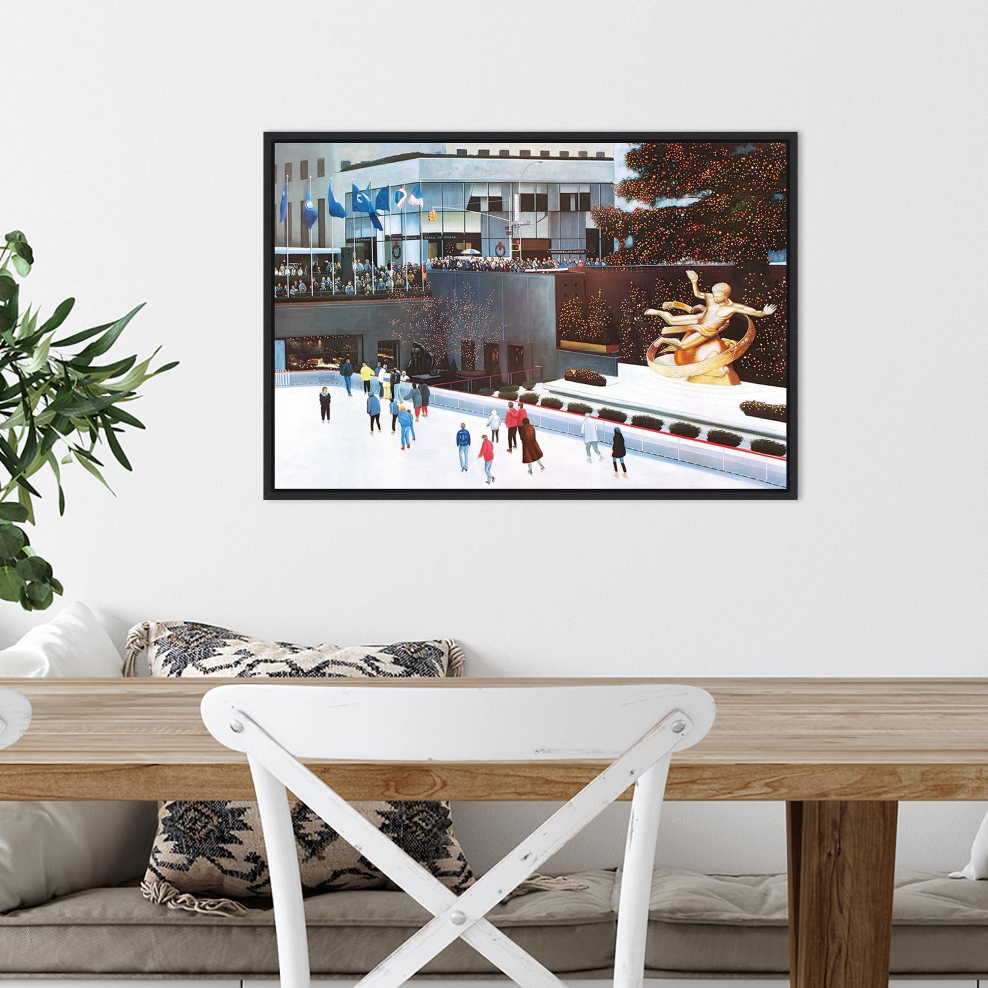 Amanti Art Framed Canvas Wall Art - 16x23 Rockefeller Center Cityscape Painting by Diane Romanello | Modern Framed Wall Decor for Living Room, Bedroom, Bathroom | Perfect Gift for Home & Office Decoration