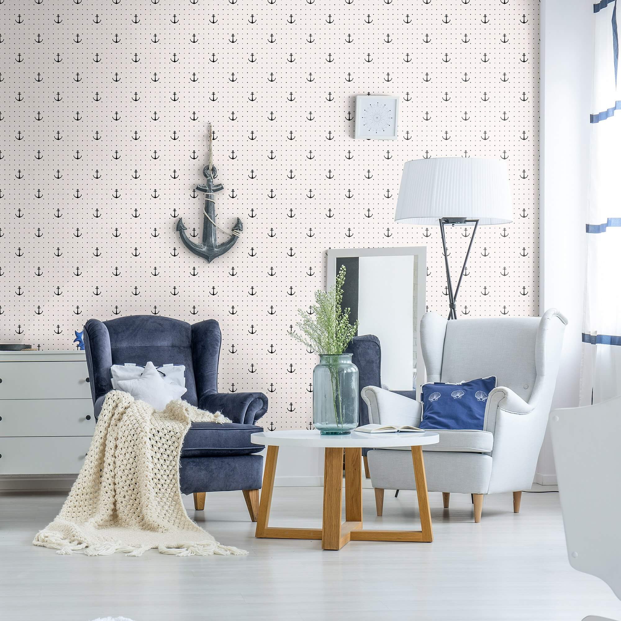 White and Black Geometric Nautical Peel and Stick Removable Wallpaper 9801 - Self-Adhesive Decorative Wall Covering for Bedroom, Living Room, Nursery & Office Decor