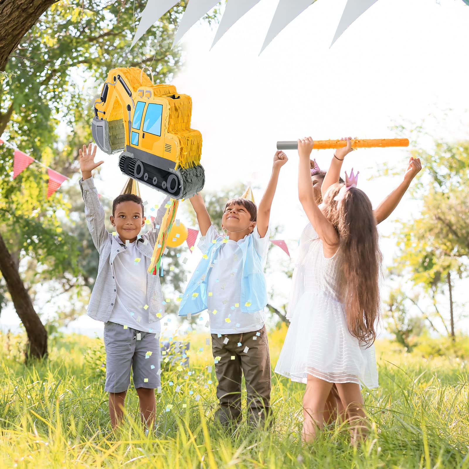 Ferraycle Excavator Construction Truck Pinata for Boys Birthday Party - Kids Construction Theme Party Supplies with Blindfold, Bat, Confetti & Number Crane Tractors - Perfect for Construction Birthday Parties, School Events & Pinata Games