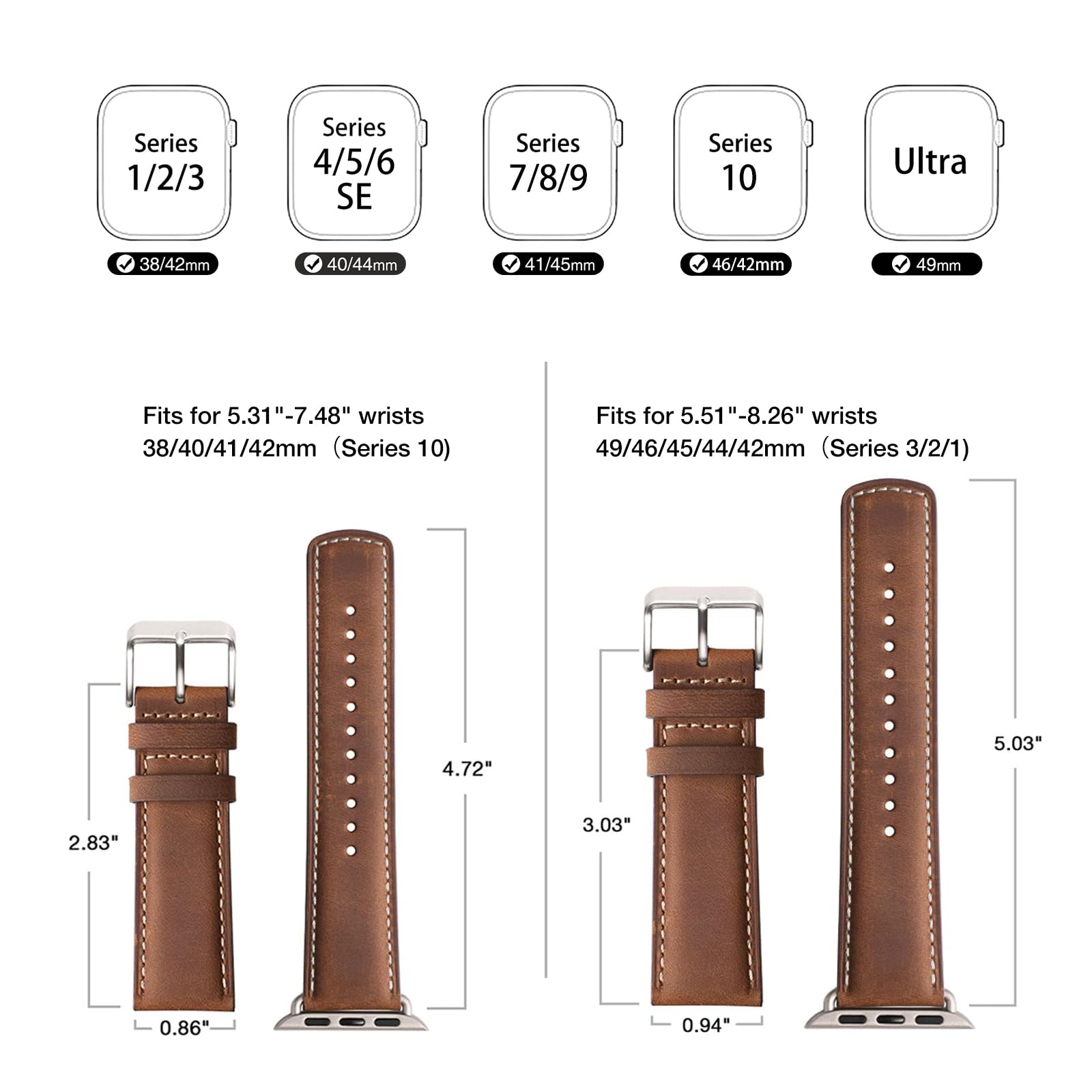 Bestig Genuine Leather Apple Watch Band - Compatible with 38mm 40mm 41mm 42mm (Series 10/9/8/7/6/5/4/3/2/1 & SE) - Stylish iWatch Strap for Women & Men - Perfect for Work, Gym & Everyday Wear