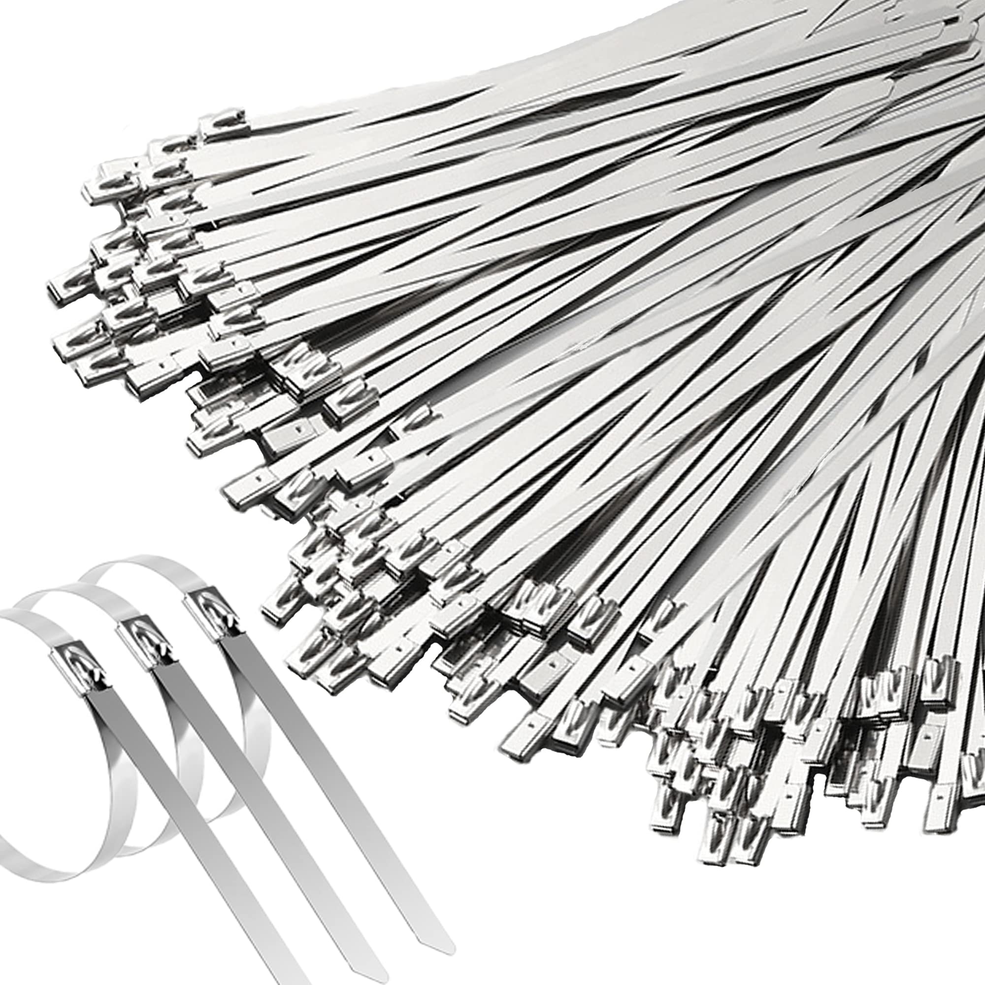Arespark 200 Pack Stainless Steel Cable Ties - 300 x 4.6mm Rustproof Metal Zip Ties with Self-Locking Mechanism - Heavy Duty Wire Ties for Exhaust Reel, Cable Management, Garden Care, Awning & Industrial Use - Silver White