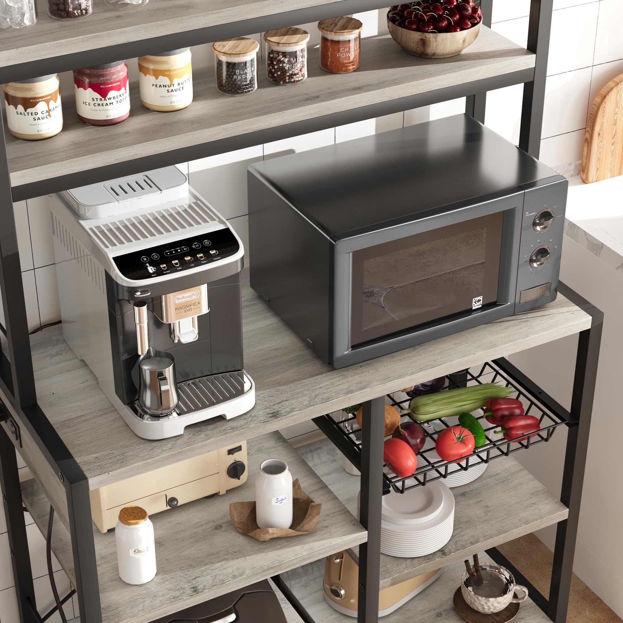 GAOMON 6-Tier Bakers Rack with Power Outlet & Wire Baskets - Freestanding Kitchen Storage Shelf for Microwave, Spices & Cookware - Retro Gray Utility Shelf for Small Spaces & Apartment Living