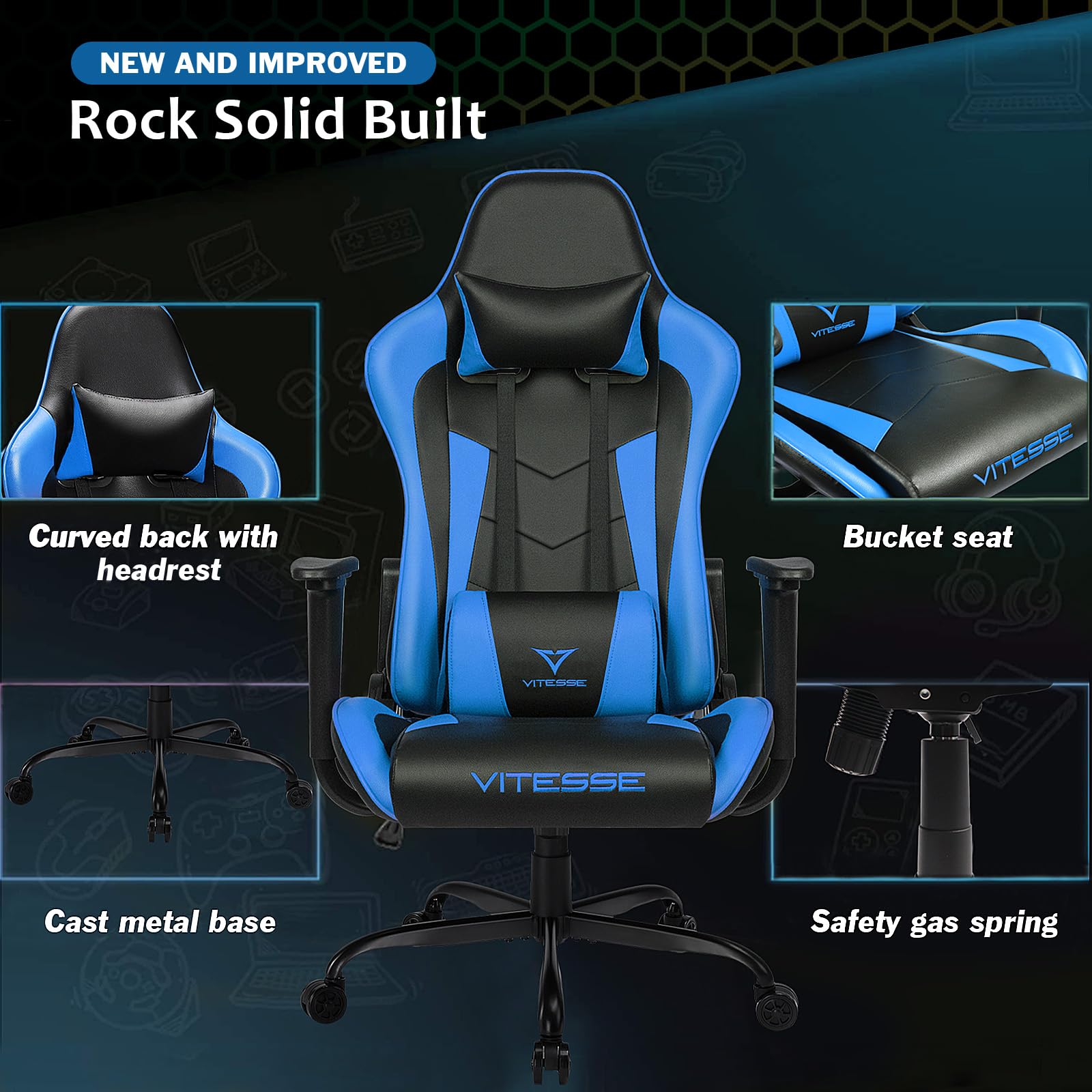 VITESSE Ergonomic Gaming Chair for Adults - High Back PC Computer Office Chair with Adjustable Lumbar Support & Headrest - 300 lbs Weight Capacity - Perfect for Gaming, Working, and Home Office Use
