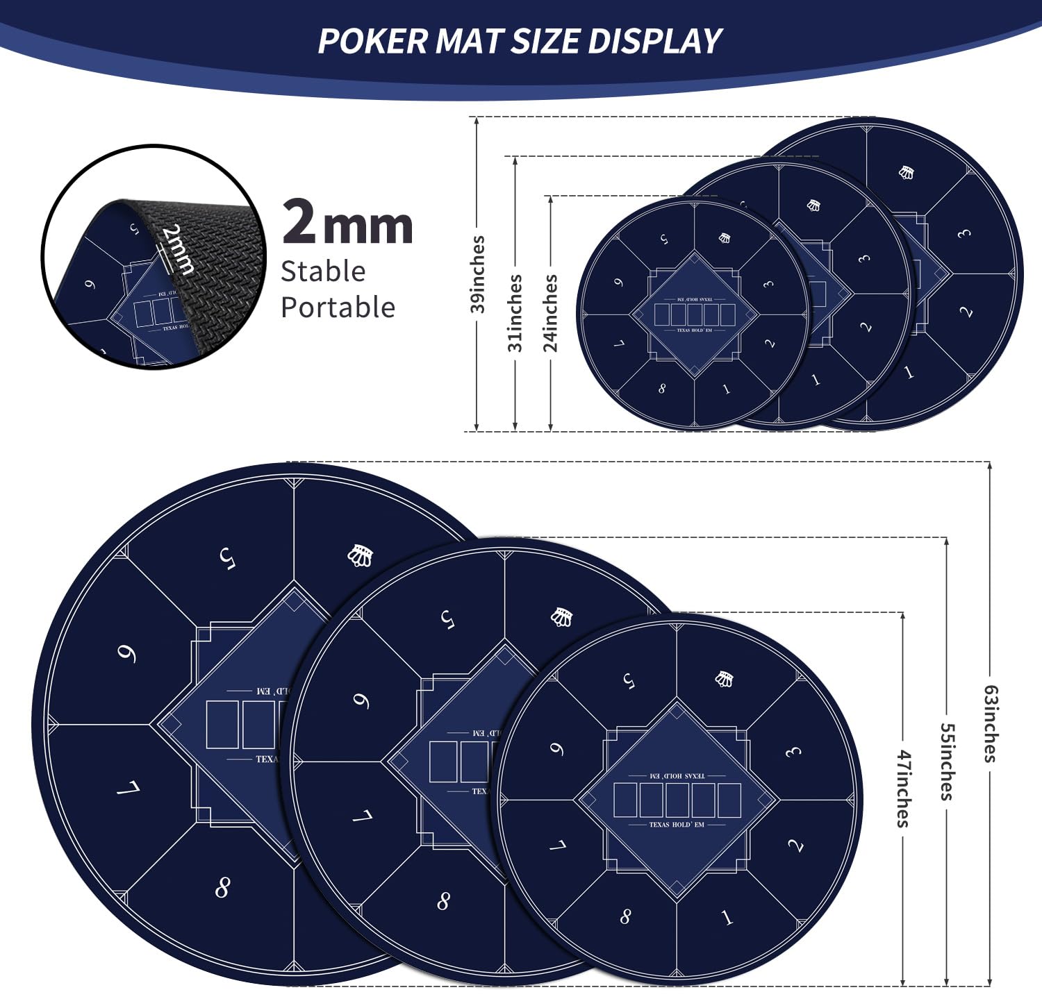 Nuveti 24/31/47/55/63 Inch Round Poker Table Mat for Texas Holdem - Portable Casino Game Mat with Art Deco Design for 6-8 Players | Perfect for Poker Nights, Blackjack, Card Games & Casino-Themed Parties at Home or Events
