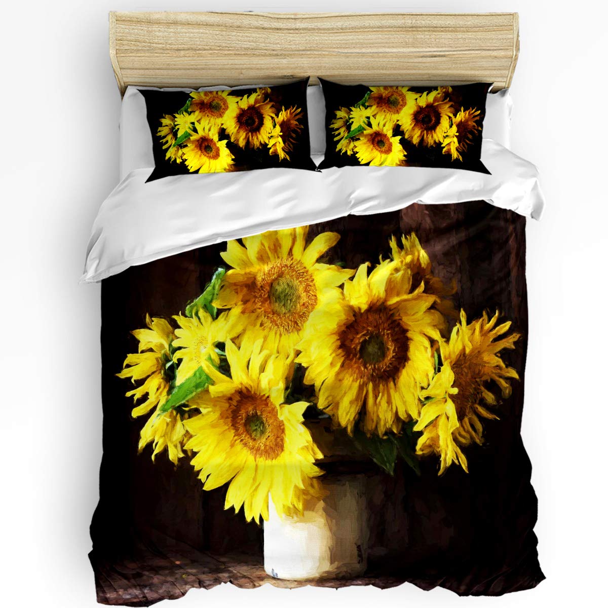 3 Piece Twin Size Bedding Set - Sunflower Oil Painting Duvet Cover with Zipper Closure, Floral Pot Design on Black Background for Kids, Teens & Adults | Perfect for Bedroom Decor, Guest Rooms & Dorm Essentials