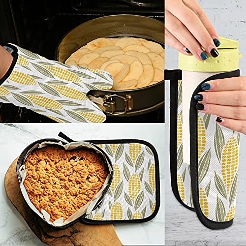 Heat Resistant Autumn Corn Cob Oven Mitts & Pot Holder Set - Fall Harvest Kitchen Decor for Baking, Grilling, BBQ - Eco-Friendly Recycled Cotton Stove Gloves for Thanksgiving & Holiday Cooking