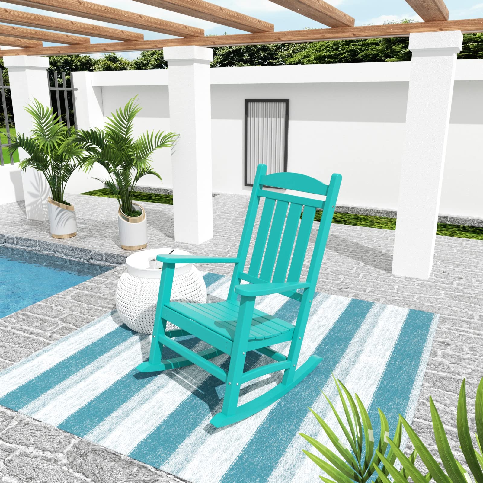 WO Home Furniture Patio Rocking Chair - Farmhouse Style Outdoor Rocker with HDPE & UV-Resistant Finish (Turquoise) - Perfect for Porch, Garden, Deck & Backyard Relaxation