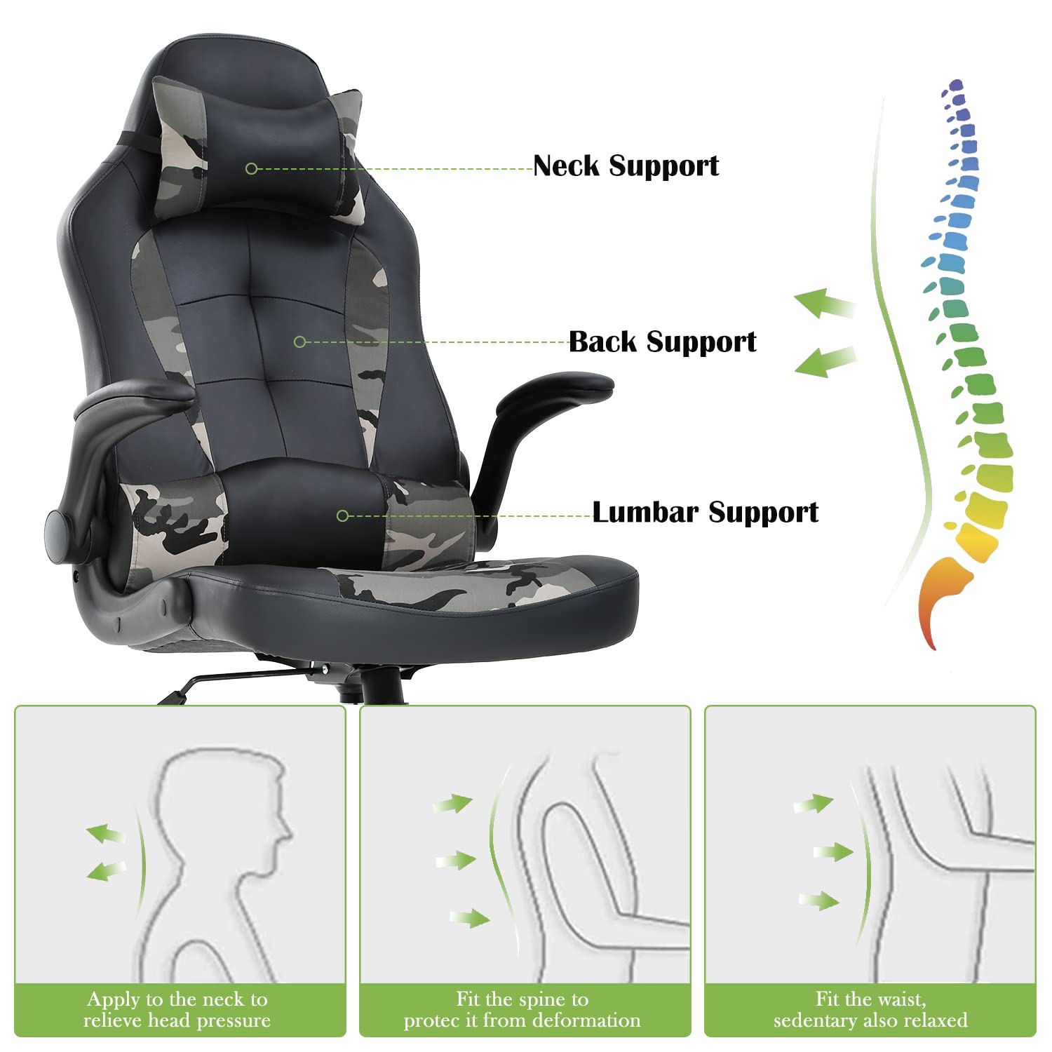 Ergonomic High Back Office & Gaming Chair with Adjustable Lumbar Support & Headrest - PU Leather Executive Swivel Task Chair for Home Office, PC Gaming, and Work - Perfect for Long Hours of Comfort (Camo Design)