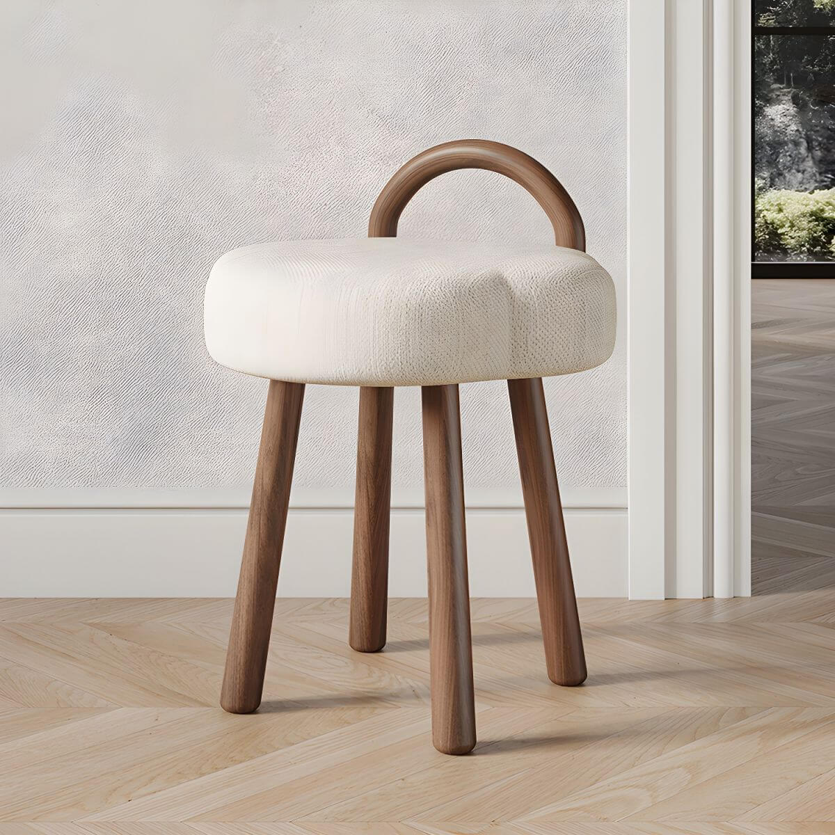 White Upholstered Vanity Stool with Back Support & Wooden Legs - 19
