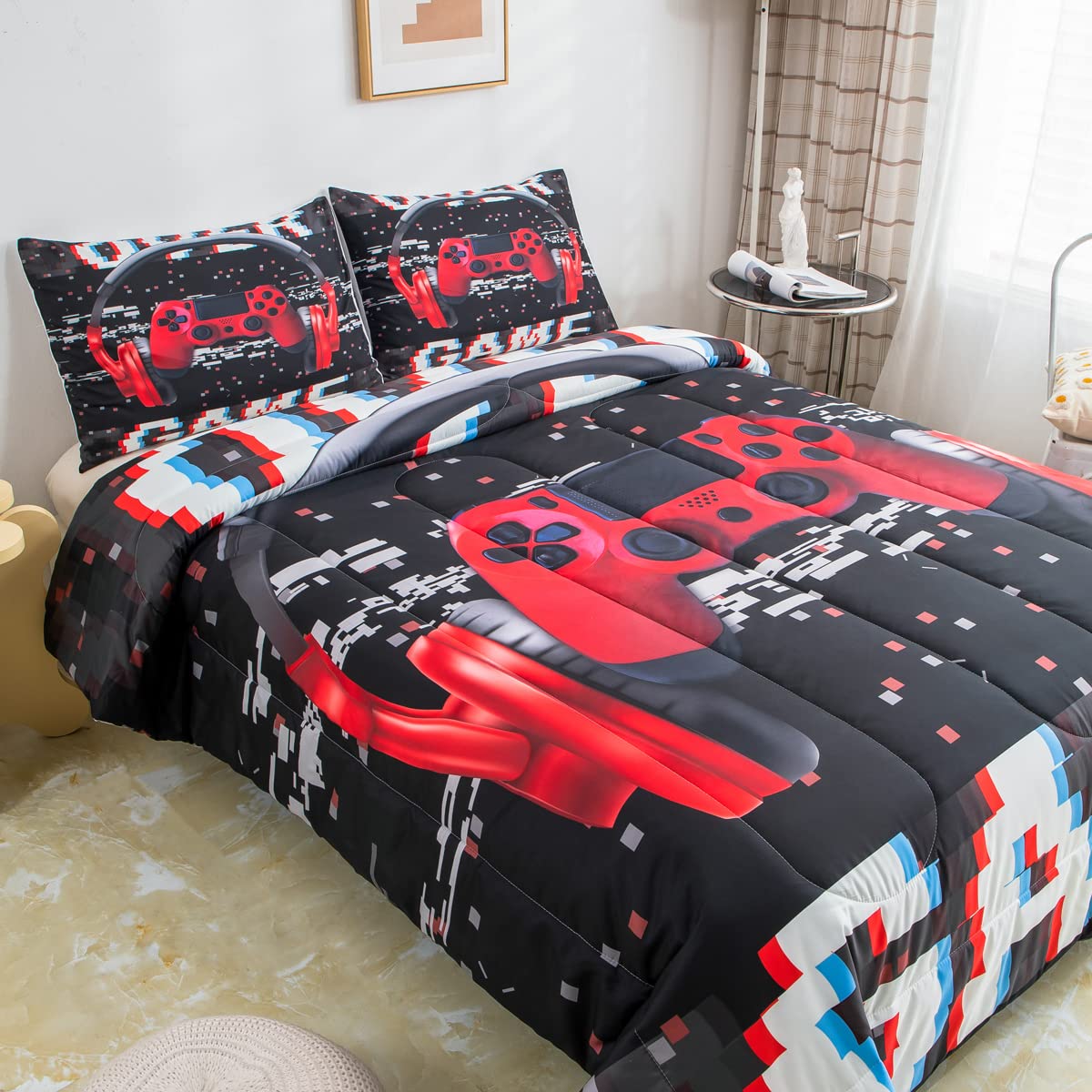 Erosebridal 4-Piece Red and Green Gaming Headset Comforter Set with Pillowcases - Soft Headphones & Gamepad Printed Bedding for Gamers - Perfect for Gaming Rooms, Dorm Decor, and Gamer Gifts
