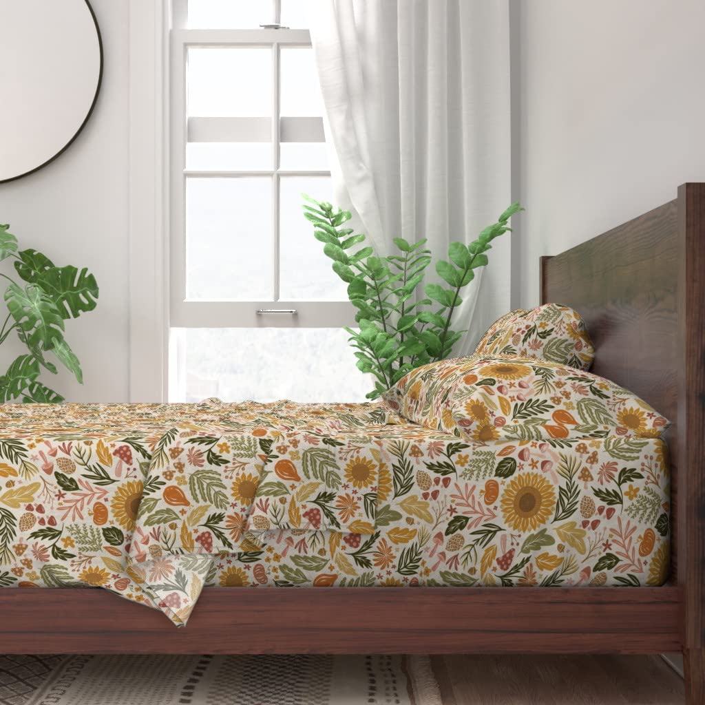 100% Cotton King Size 4-Piece Sheet Set | Autumn Botanicals Print with Leaves, Acorns, Sunflowers & More | Custom Bedding for Cozy Fall Bedroom Decor