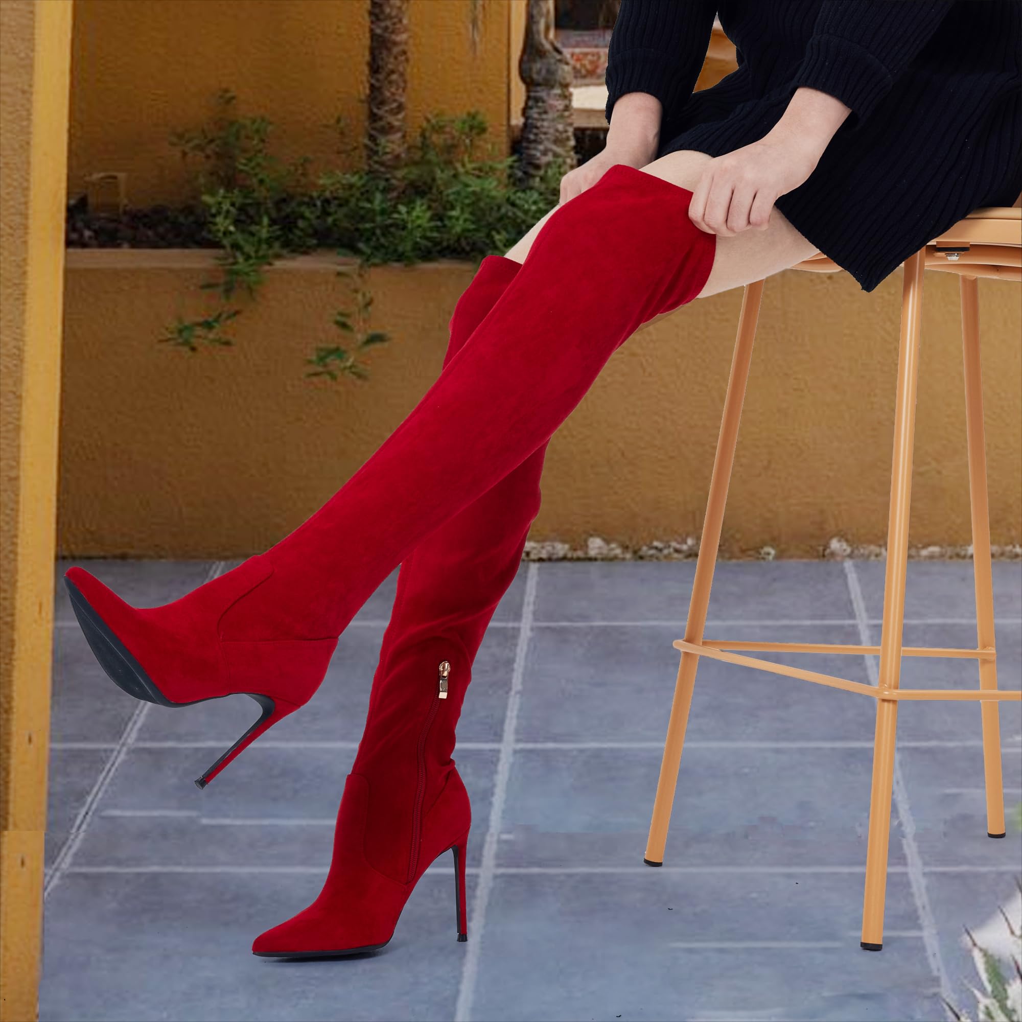 GENSHUO Women's Over The Knee Boots with Heel - Suede Thigh High Stretch Boots, Sexy Pointed Toe Stiletto Long Boots for Party, Night Out & Winter Fashion