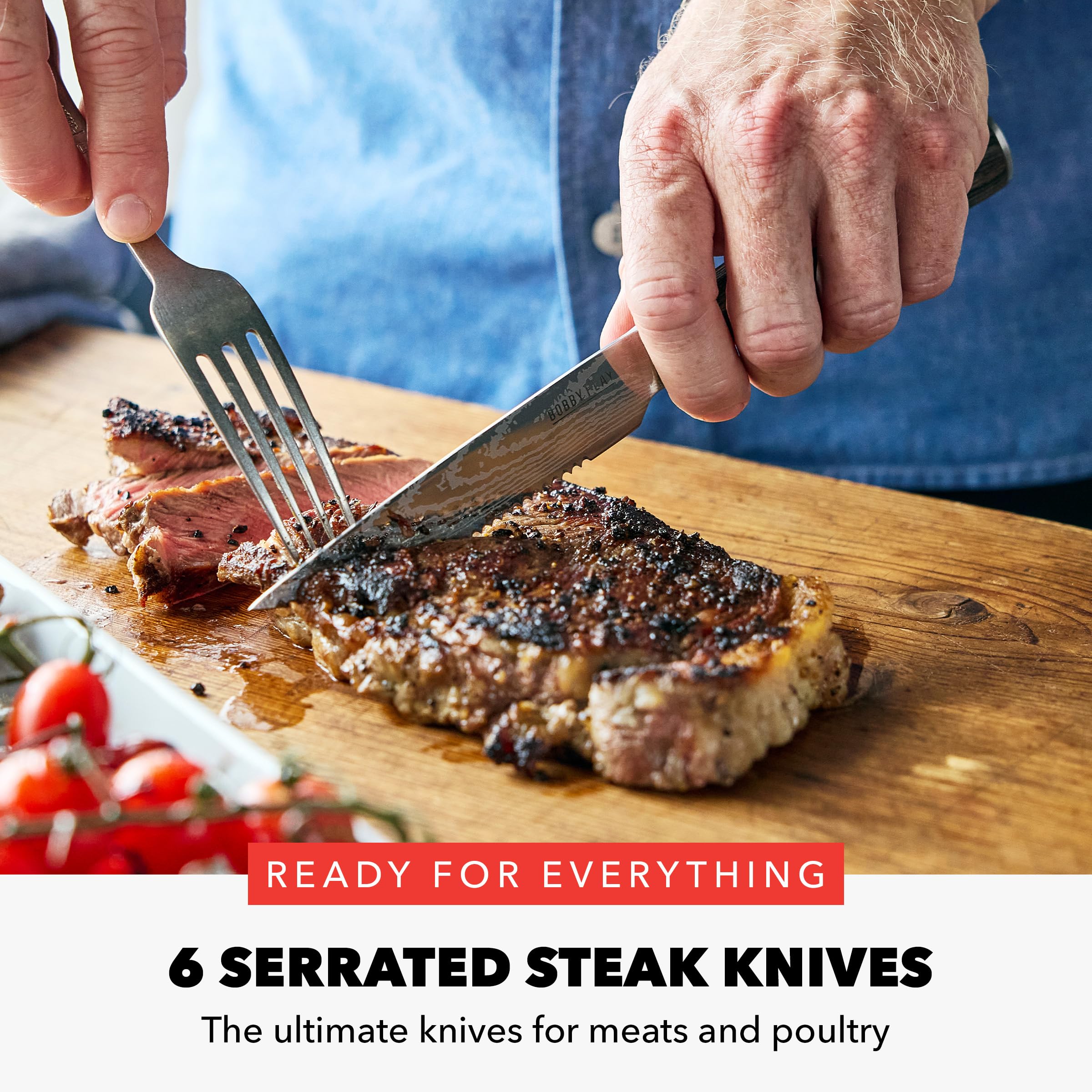 GreenPan x Bobby Flay 13-Piece Stainless Steel Knife Set with Acacia Wood Block - Premium Damascus Steel Kitchen Knives for Professional Chefs & Home Cooking - Perfect for Slicing, Dicing, and Food Prep