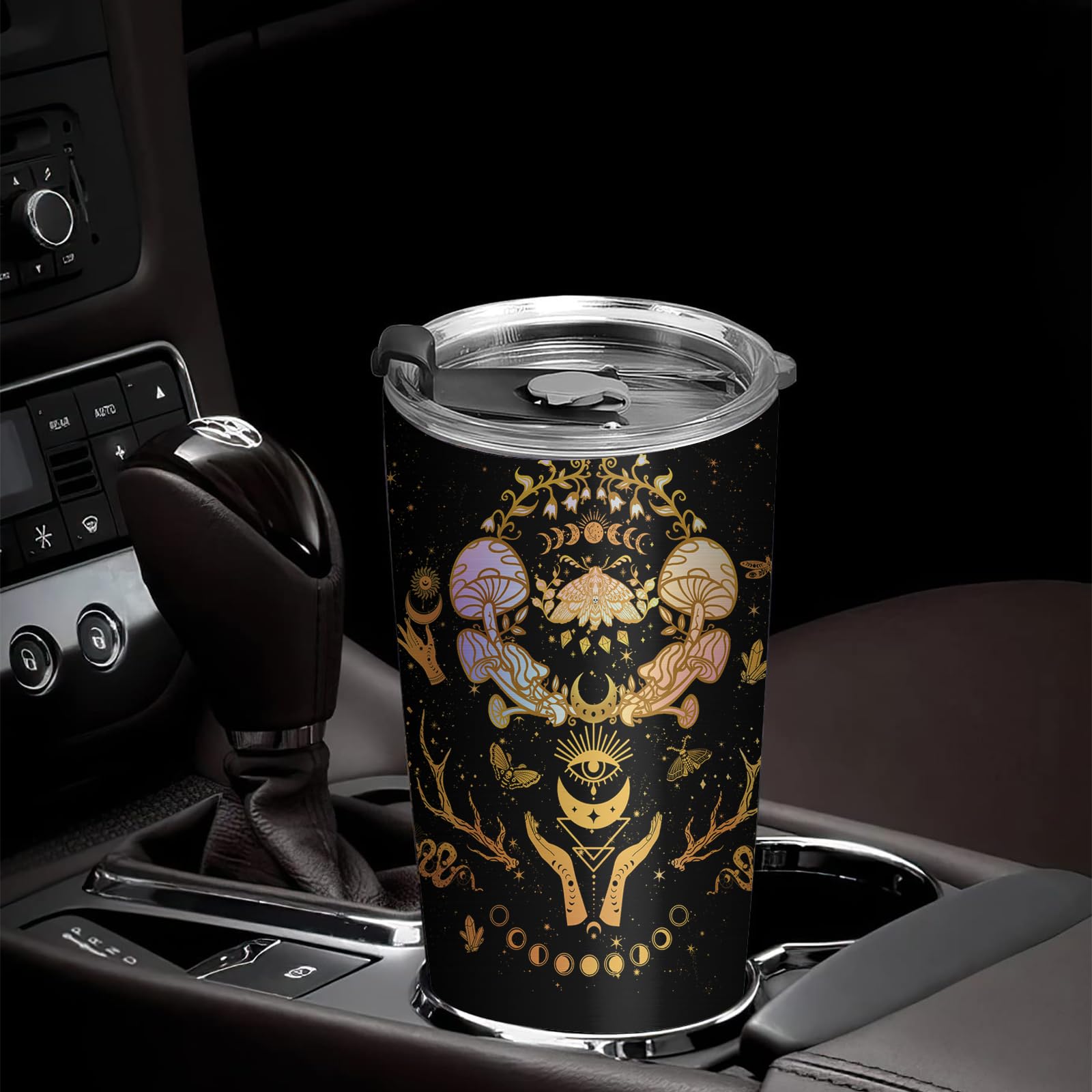 Magic Mushroom Tumbler 20oz - Insulated Coffee Mug with Lid - Unique Witchy Gifts for Women - Sun Moon & Constellation Design - Perfect for Birthday, Office, Camping & Travel