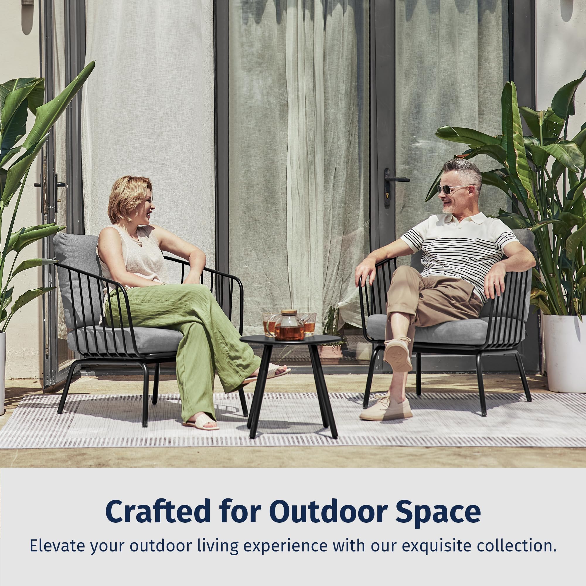 EAST OAK 3-Piece Outdoor Patio Furniture Set with Thick Cushions - Modern Black & Grey Bistro Sofa Set with Coffee Table for Balcony, Garden or Backyard - Perfect for Relaxing, Entertaining and Outdoor Dining