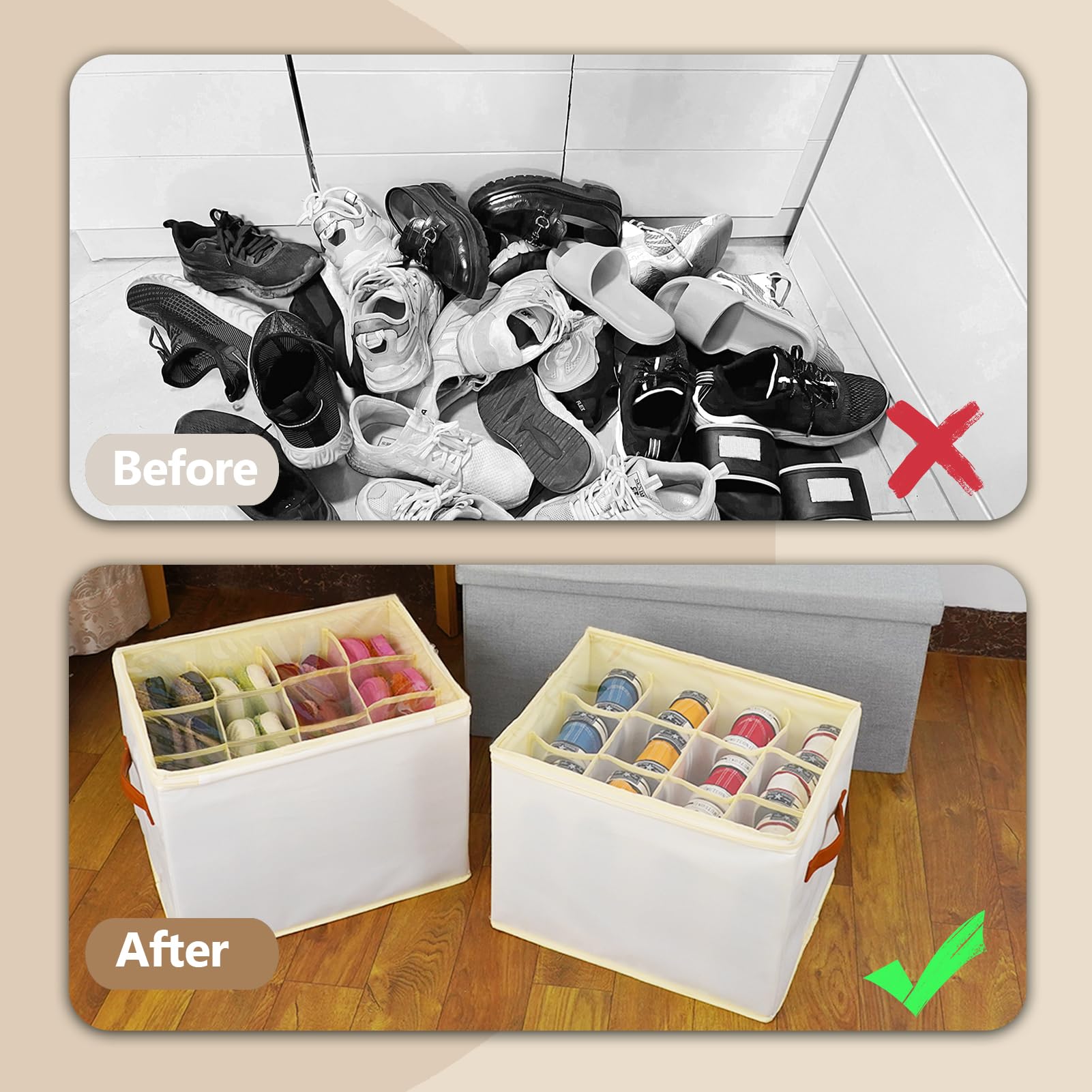 2 Pack Clear Stackable Shoe Storage Box Organizer - 24 Cell Space Saving Shoe Containers with Lids for Closet, Ottoman & Wardrobe | Foldable Shoe Rack Cabinet Cubby for Home Organization & Bedroom Storage