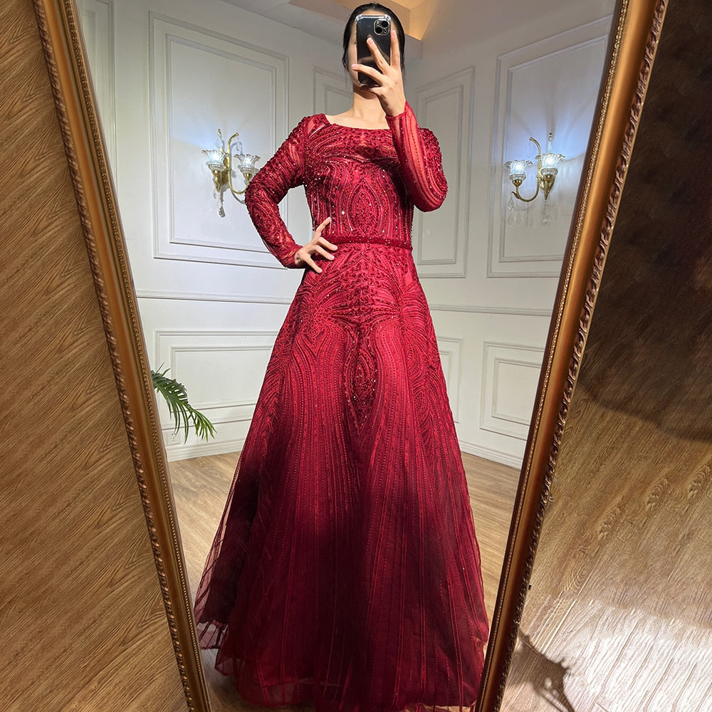 2025 Serene Hill Muslim Wine Red Luxury Evening Gowns - A-Line Beaded Formal Dresses for Women | Wedding, Party & Special Occasion Wear
