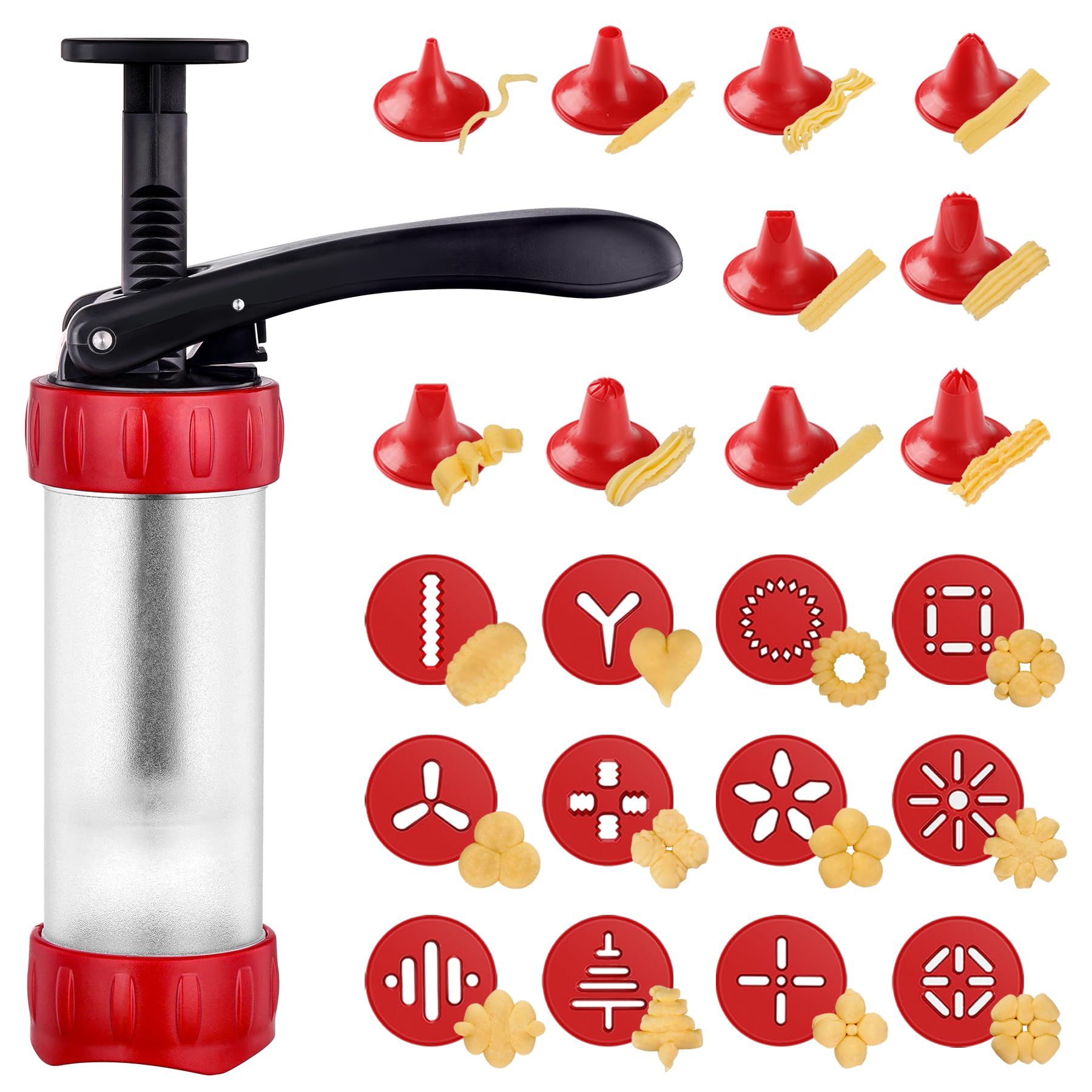 Premium Cookie Press Set with 12 Discs & 10 Cake Decorating Tips - Stainless Steel Churro & Biscuit Maker (Red) - Perfect for Holiday Baking, Party Treats & Home Dessert Decorating
