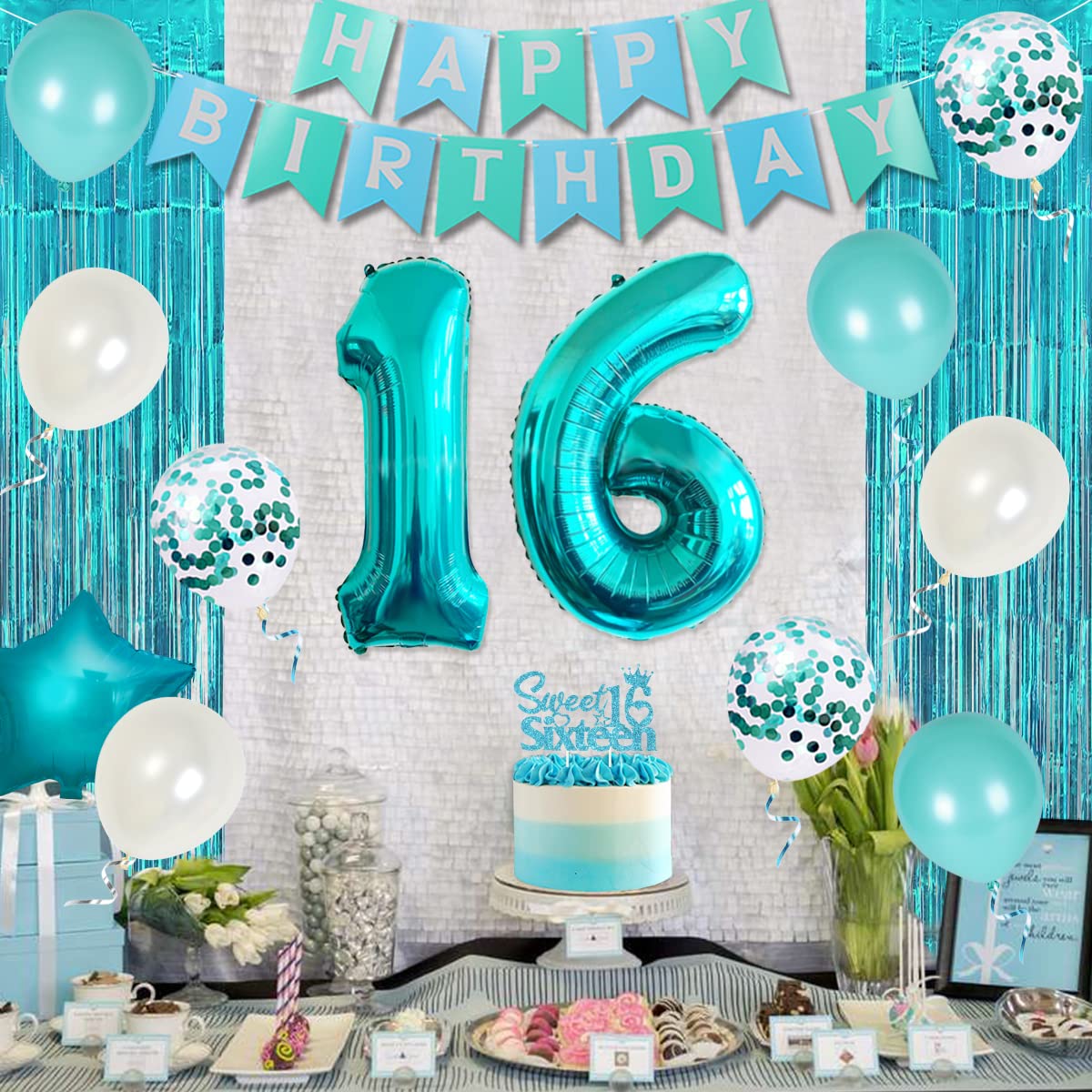 Sweet 16 Birthday Party Decorations for Girls - Teal & Turquoise Happy Birthday Banner, Sash, Cake Topper, Fringe Curtains & Number 16 Balloons | 16th Birthday Party Supplies for Teen Girls, Sweet Sixteen Decorations (Perfect for Birthday Parties, Photo Booths & Celebrations)