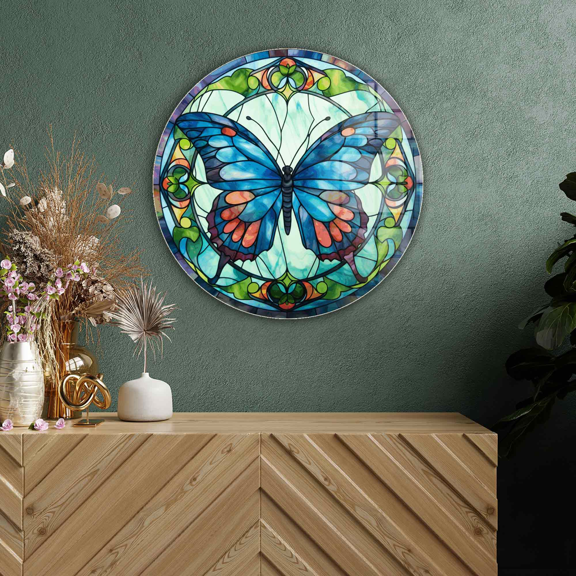 Stained Butterfly Round Glass Wall Art - Elegant Home Decor for Living Room, Bedroom & Office