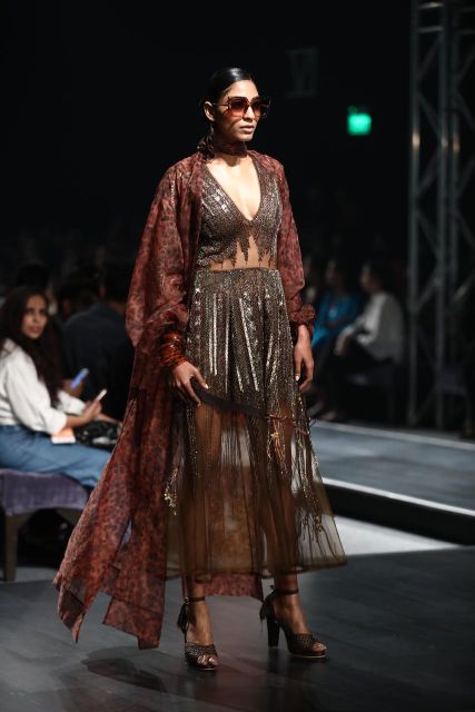 Chocolate Brown Gold Embellished Dress for Women - Elegant Handcrafted Party Gown for Evening Events, Weddings & Special Occasions