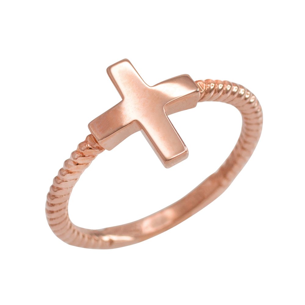 14K Rose Gold Twisted Rope Band Flat Top Cross Ring - Elegant Religious Jewelry for Women, Perfect for Church, Weddings & Everyday Wear
