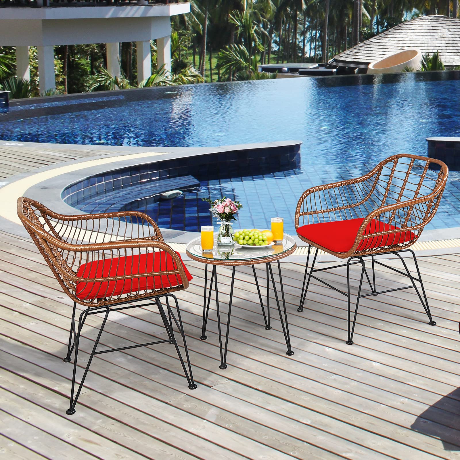 Tangkula 3-Piece Patio Conversation Set - Outdoor Wicker Furniture with Round Tempered Glass Table & 2 Rattan Chairs, Bistro Set with Cushions for Porch, Backyard, Garden, Deck or Poolside Relaxation