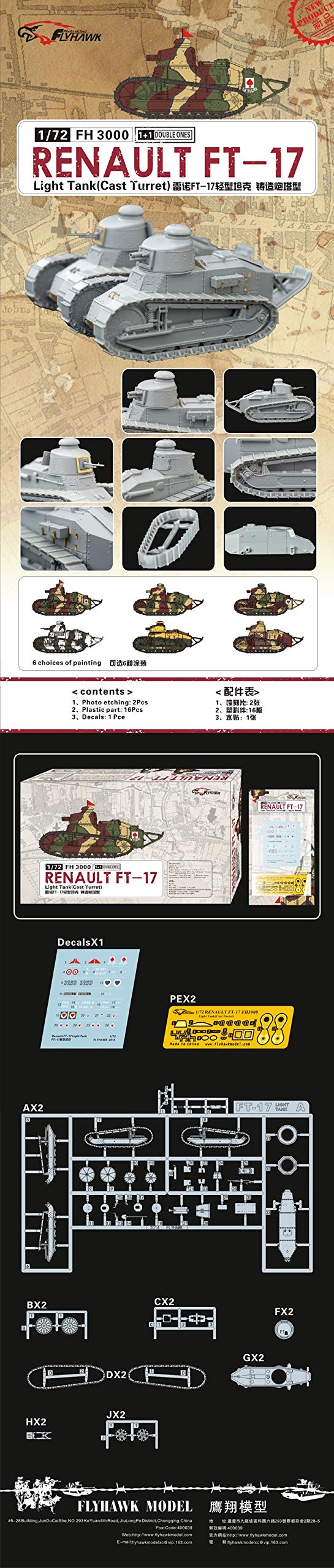 Flyhawk FH3000 1/72 Scale French Renault FT-17 Light Tank Model Kit with Cast Turret (1+1) - Perfect for Military Collectors, WWI Dioramas & Historical Model Building
