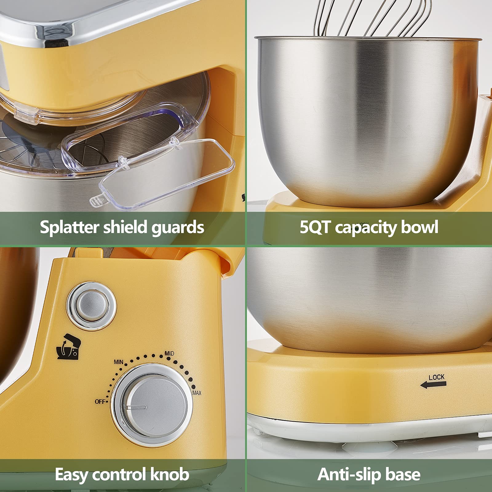 CUSIMAX 5-QT Stand Mixer with Stainless Steel Bowl - Tilt-Head Electric Kitchen Mixer Includes Dough Hook, Mixing Beater & Whisk, Splash Guard in Yellow - Perfect for Baking Cakes, Cookies, Bread & More