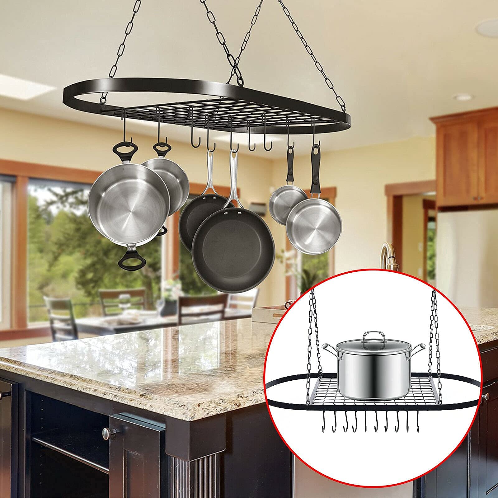 Sturdy Ceiling Mount Hanging Pot Rack with Hooks - Oval Decorative Kitchen Organizer for Cookware & Utensils Storage - Perfect for Home, Restaurant & Commercial Kitchens - Space-Saving Solution for Pots, Pans & Cooking Tools