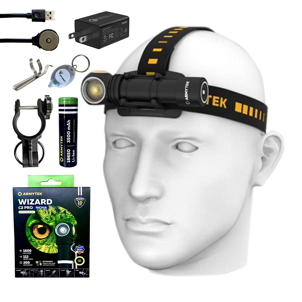 Armytek Wizard C2 Pro Nichia LED Flashlight - 1600 Lumens, Magnetic USB Charger, 3.0A Wall Adapter, Free Eco-Sensa Keychain Light - Perfect for Camping, Hiking & Emergency Use