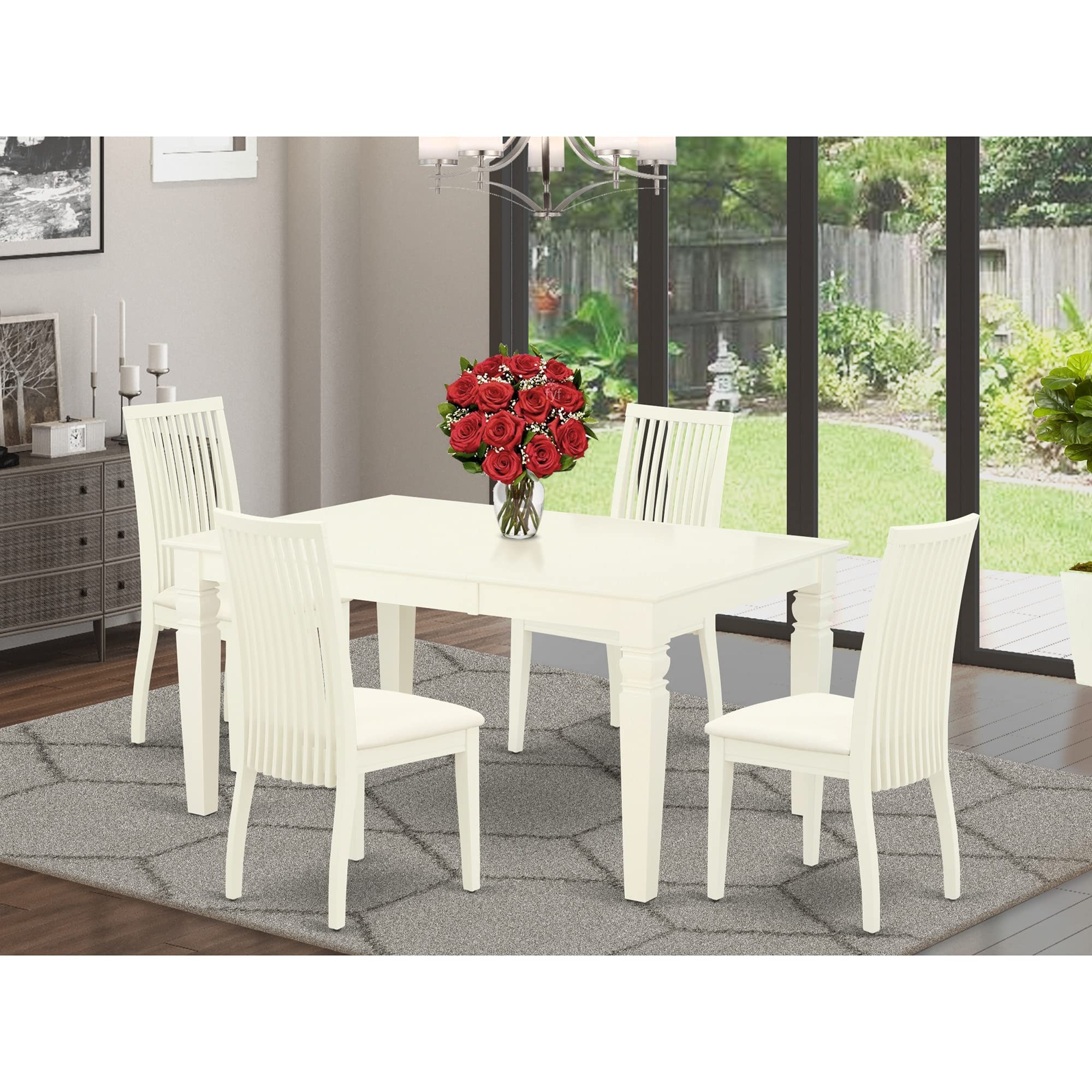 East West Furniture WEIP5-WHI-C 5-Piece White Linen Dining Set with Extendable Table & 4 Upholstered Chairs, 42x60 Inch - Perfect for Small Kitchens, Breakfast Nooks & Cozy Family Meals