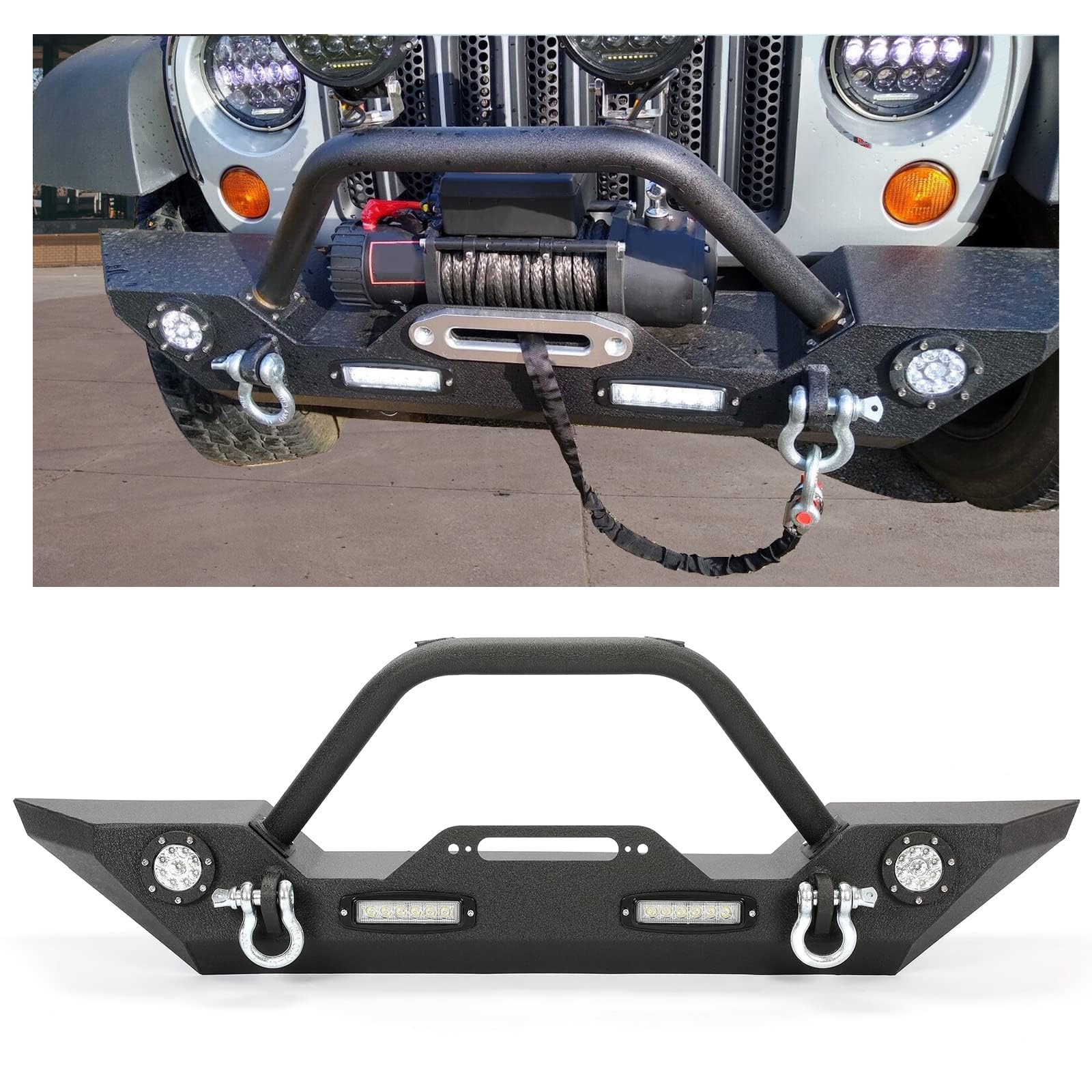 KUAFU Black Front Bumper with LED Lights, D-Rings & Winch Plate - Compatible with 2007-2025 Jeep Wrangler JK, Unlimited JL & Gladiator JT | Off-Road Adventure & Truck Protection Accessory