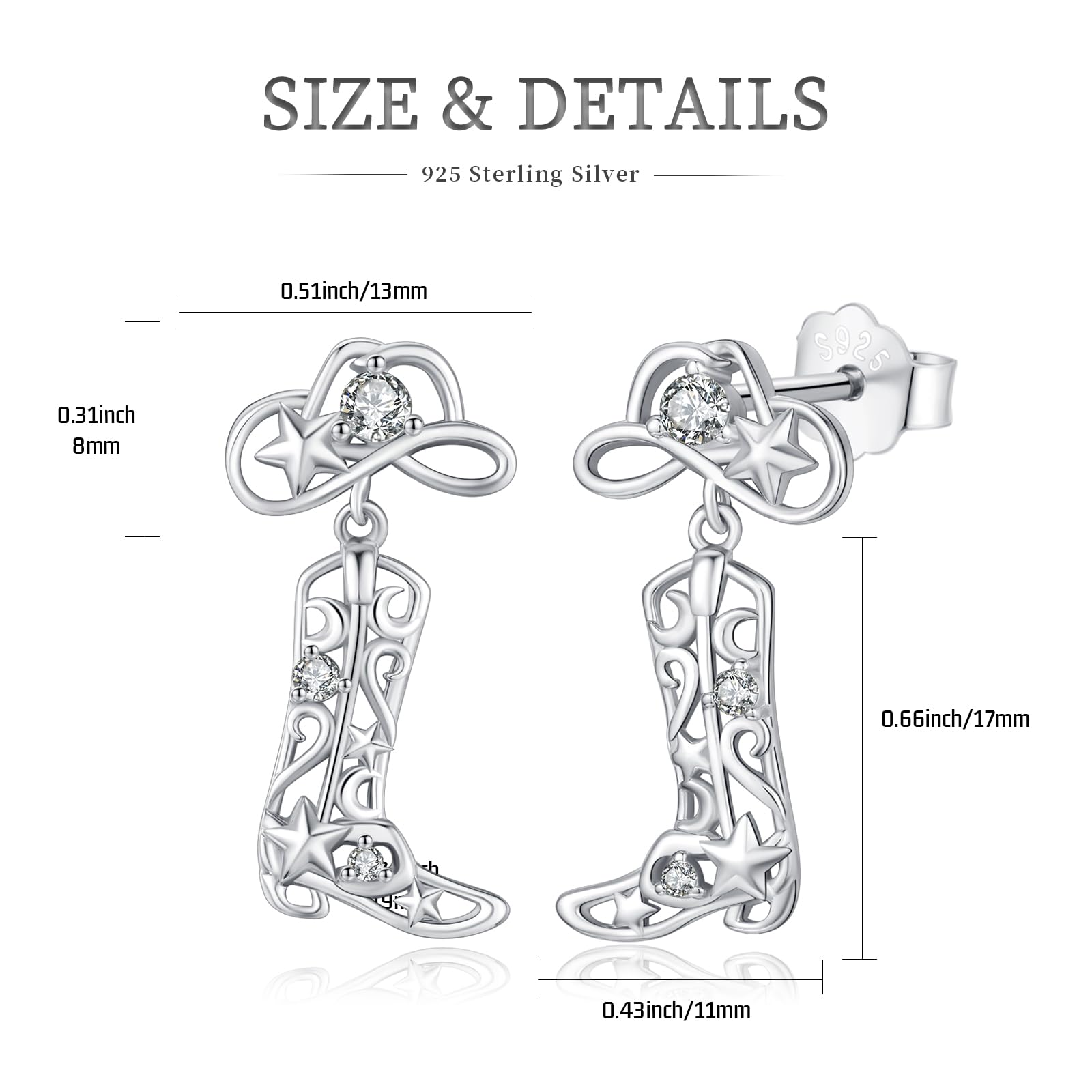 Cowgirl & Heart Earrings for Women - 925 Sterling Silver Dangle Drop Earrings | Hypoallergenic Stud Jewelry | Perfect Gift for Girls, Teens & Cowgirl Lovers | Great for Western Parties, Rodeo Events & Everyday Wear