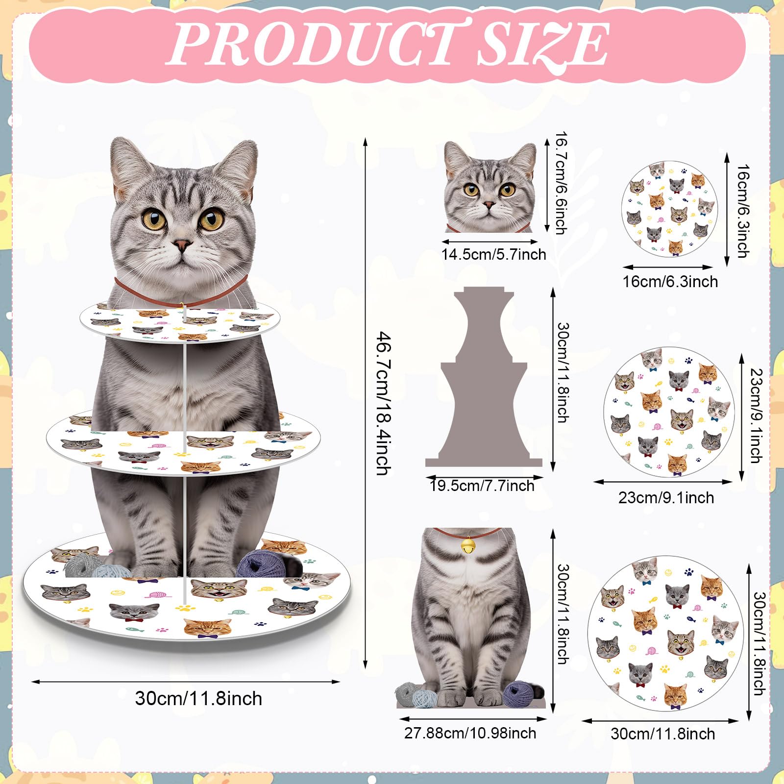 Pasimy 3-Tier Cat Cupcake Stand - Kitten Theme Birthday Party Decorations, Cardboard Dessert Holder for Pet Lovers - Perfect for Cat Birthday Parties, Baby Showers & Themed Events