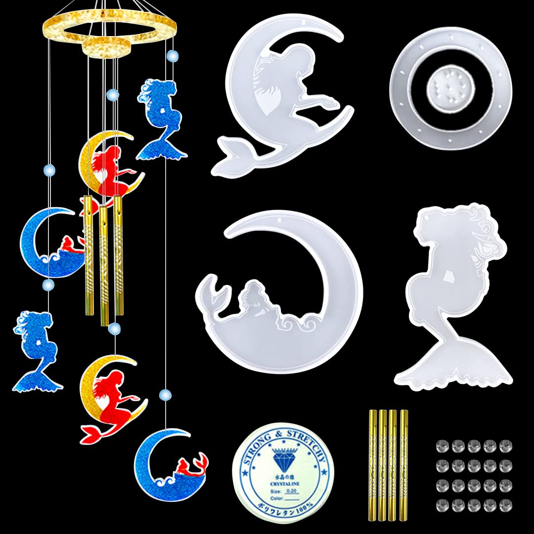 Zayookey DIY Epoxy Resin Molds Kit - Mermaid Wind Chimes Silicone Molds for Jewelry, Keychains & Pendants - Perfect for Handmade Wind Bells, Home Decor & Crafting Gifts (Mermaid Mold)