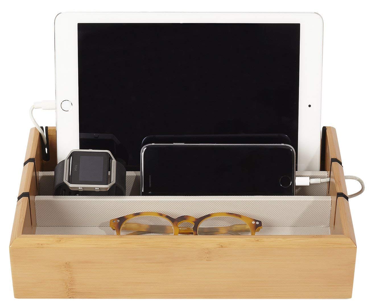 Premium Bamboo Wood Eyeglass & Sunglasses Organizer with Tech Tray - Luxury Lacquered Wood Storage Box for Glasses, Smartphones & Watches | Perfect for Home, Office & Travel Organization