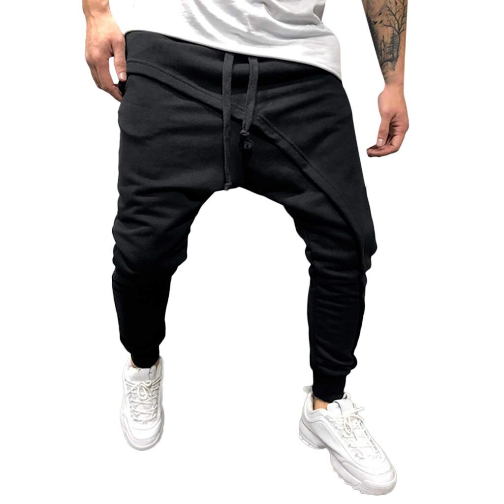 Men's Drawstring Jogger Sweatpants - Patchwork Casual Pants for Spring & Winter - Solid Color Comfortable White Trousers for Workout, Lounge & Everyday Wear